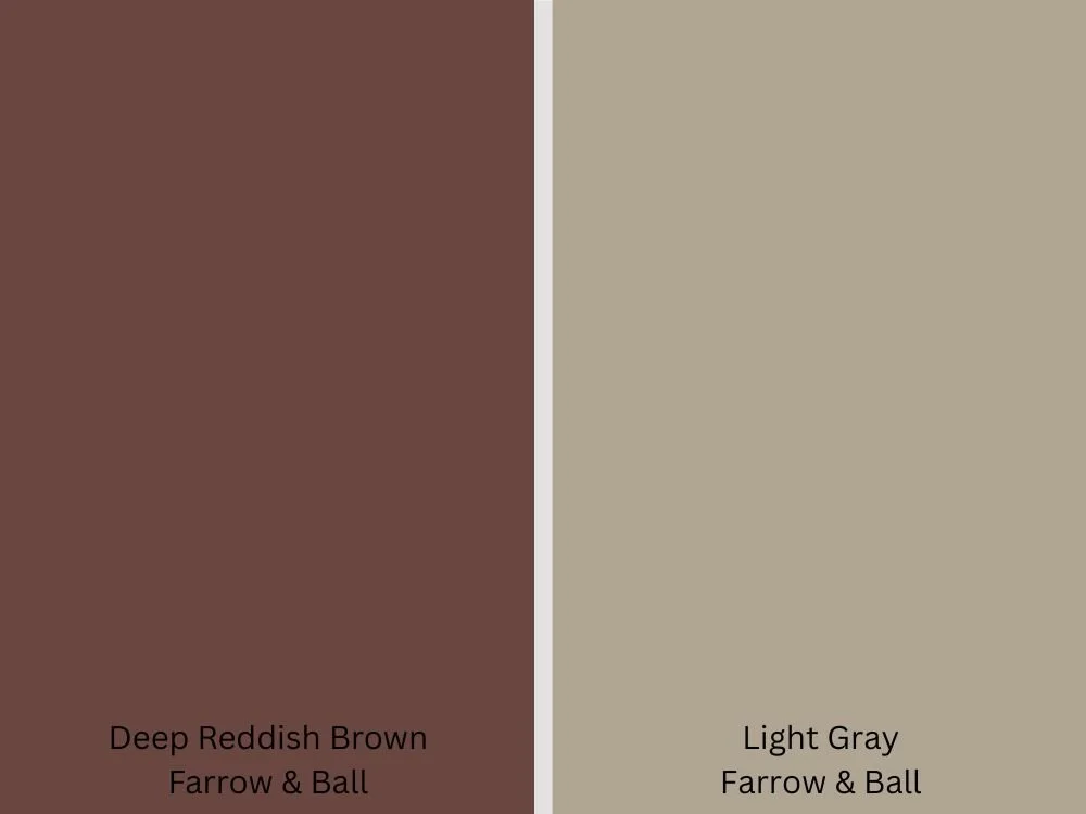 Paint swatches for deep reddish brown and light gray.
