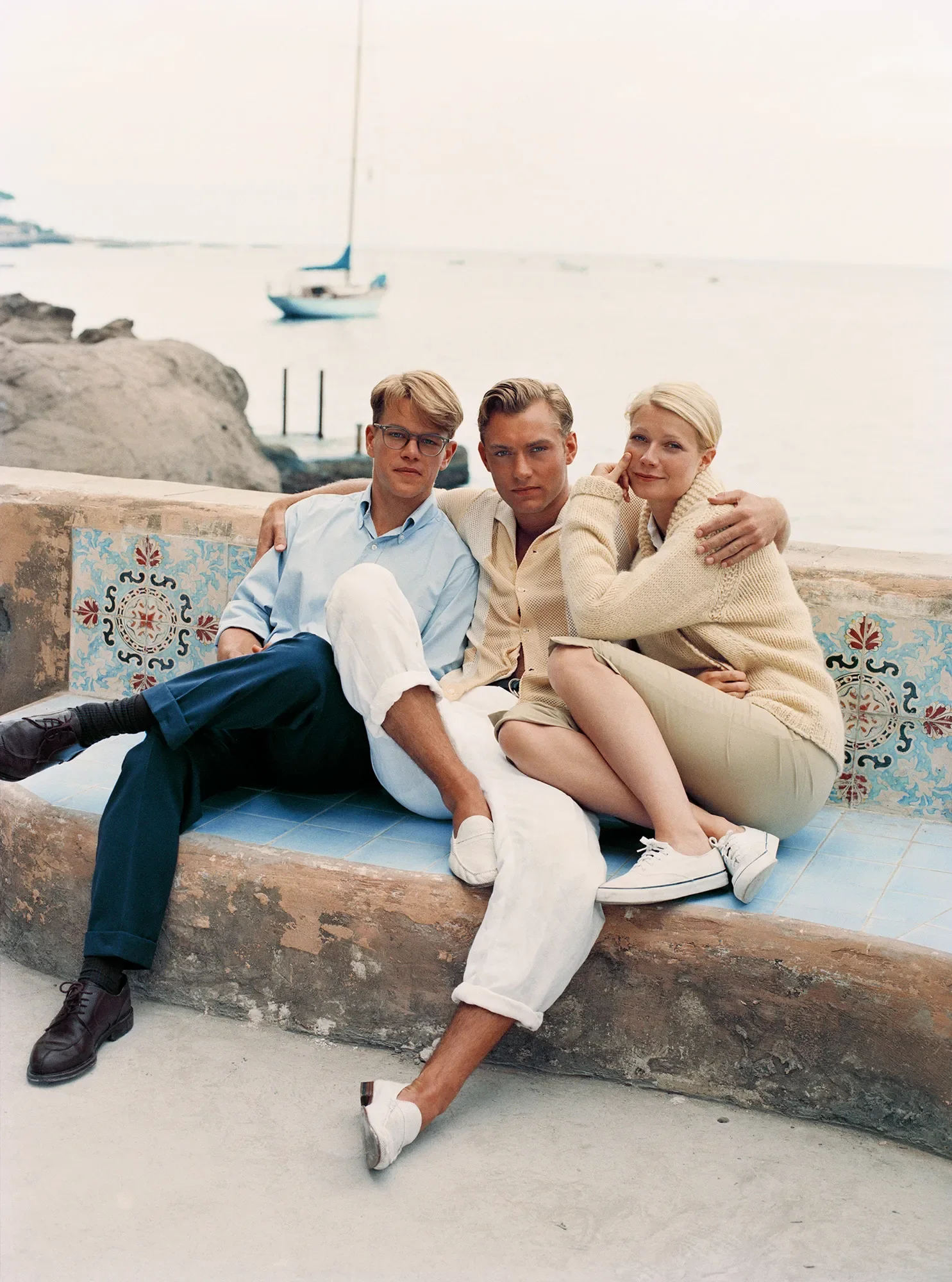 Matt Damon, Jude Law, and Gwyneth Paltrow on the movie set.