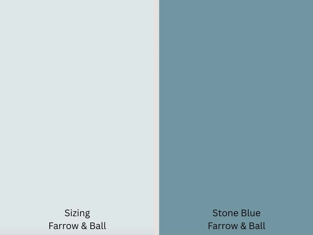 Paint swatches of sizing and stone blue.