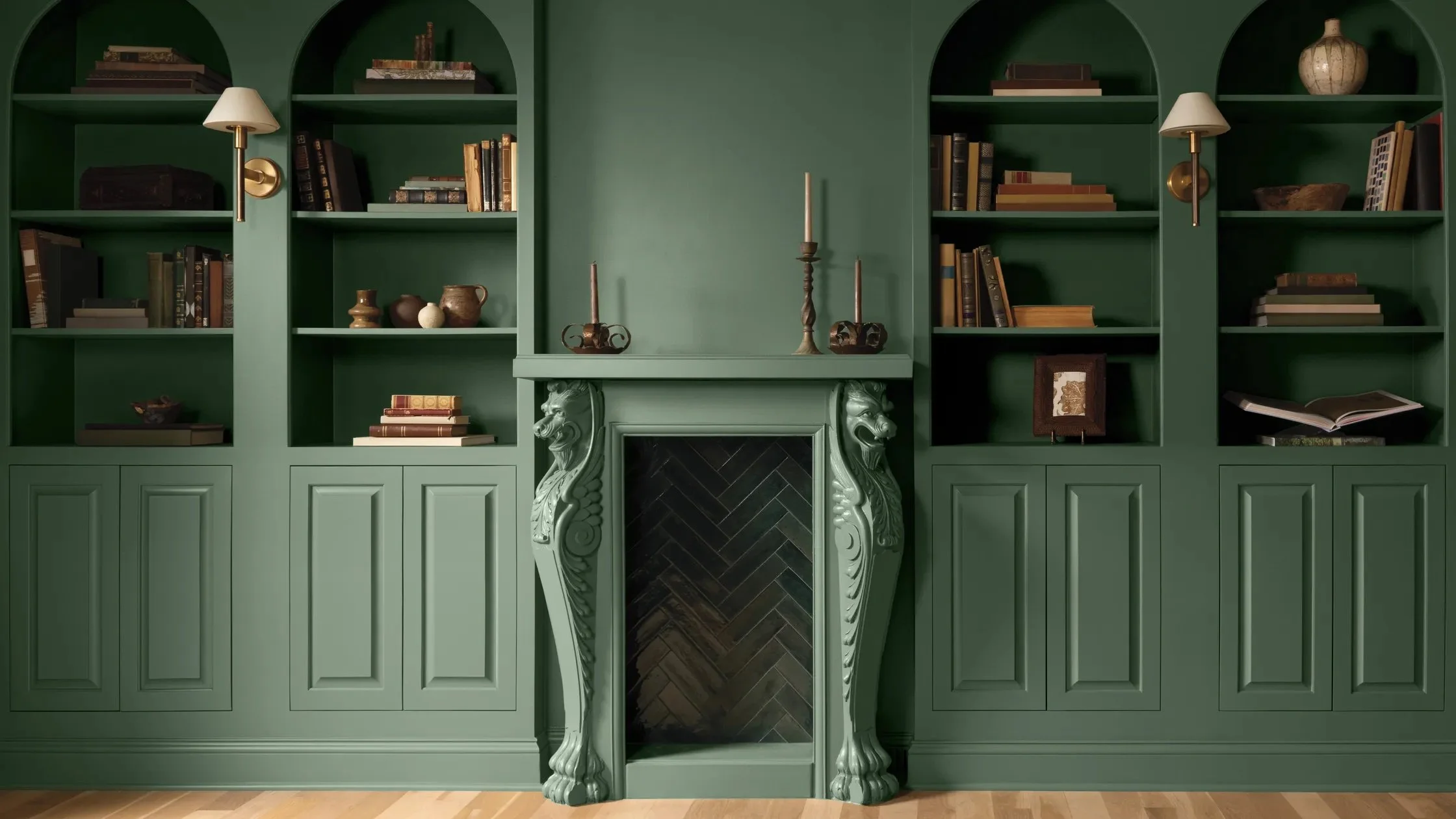 Webster Green on built-in bookshelves around a fireplace mantel.
