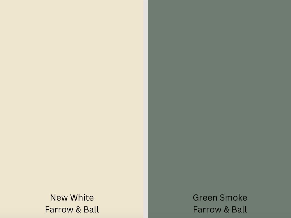 Spanish revival paint swatches of new white and green smoke.