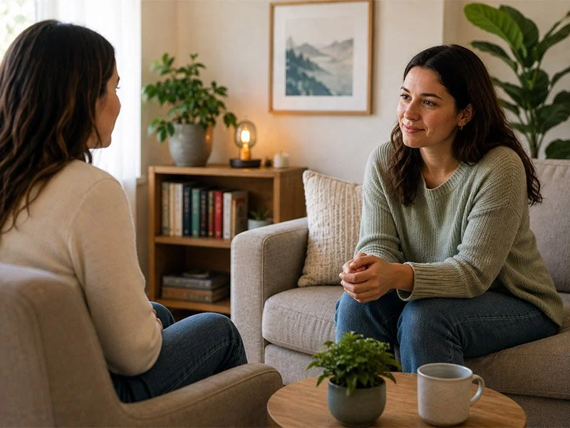 A young woman in therapy practicing brainspotting with her therapist after EMDR failed to resolve her trauma