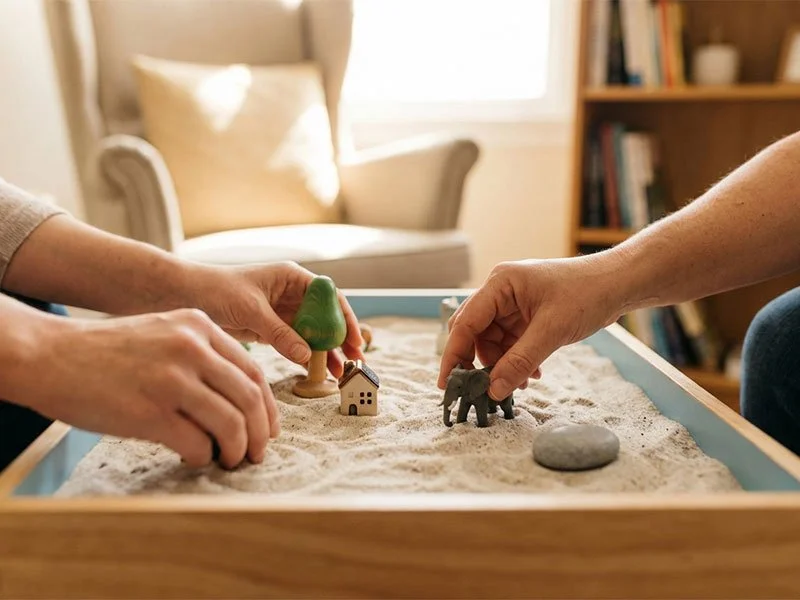 Close up view of a therapist doing sand tray therapy with their client in Redding CA
