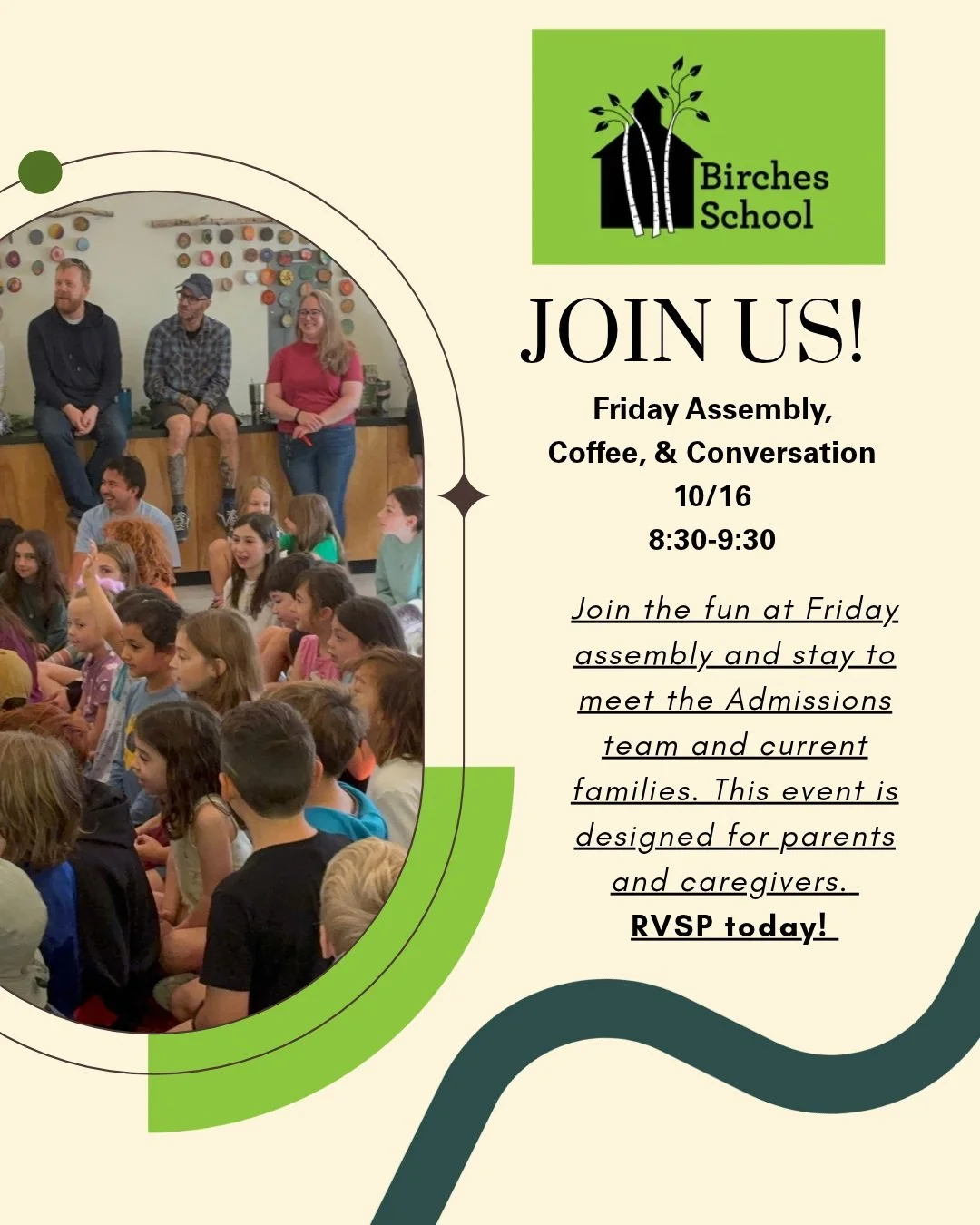 Parents, you're invited to Assembly this Friday, October 16! Join the Birches community in our beloved weekly gathering and stay for coffee and conversation. We can't wait to share Birches with you. RSVP required: www.birchesschool.org/assembly