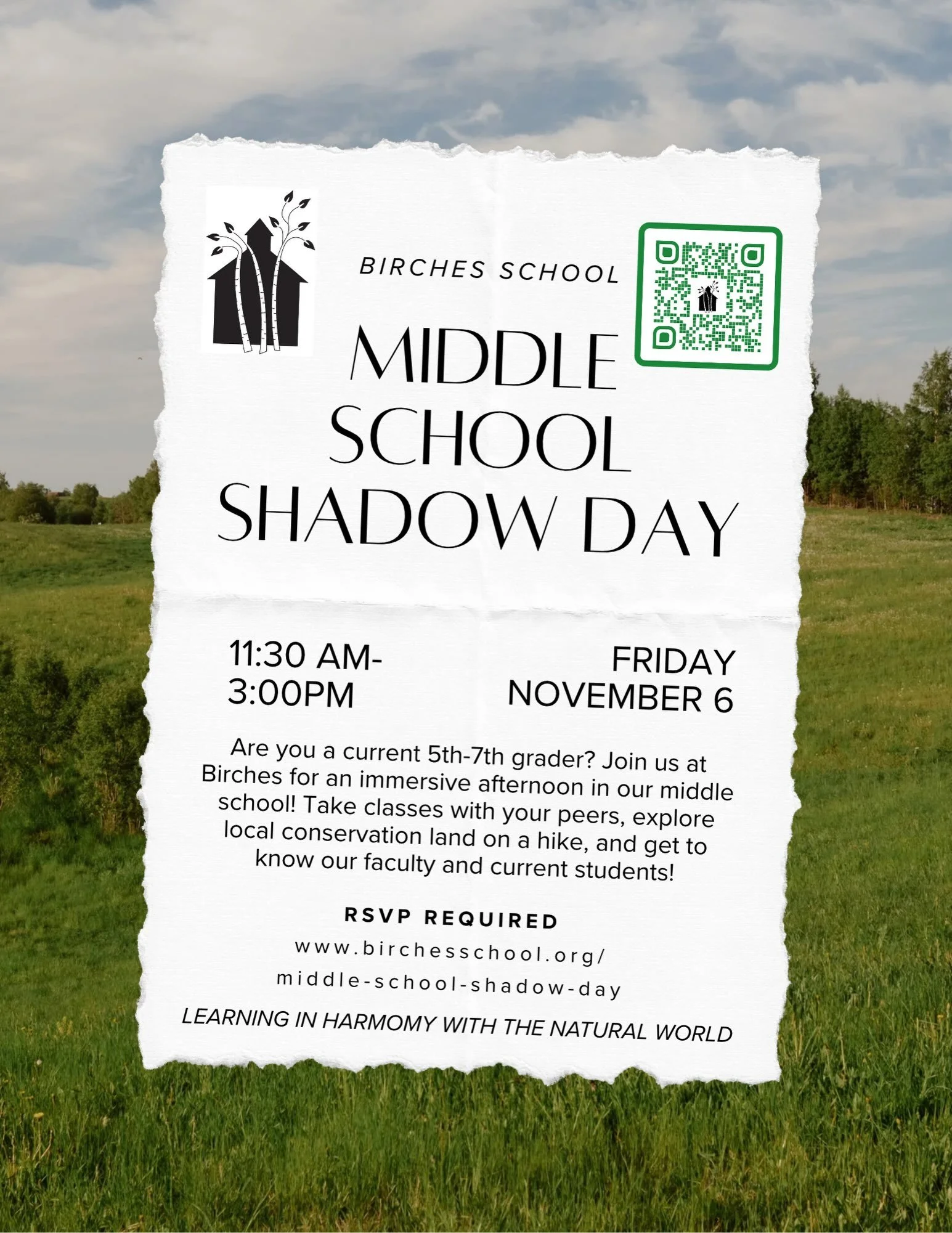 5th-7th grade students, you&rsquo;re invited! 

Experience middle school classes with your peers.

Connect with our middle school faculty and advisors.

Explore our outdoor classrooms and the conservation land right next to campus.

See how the arts 