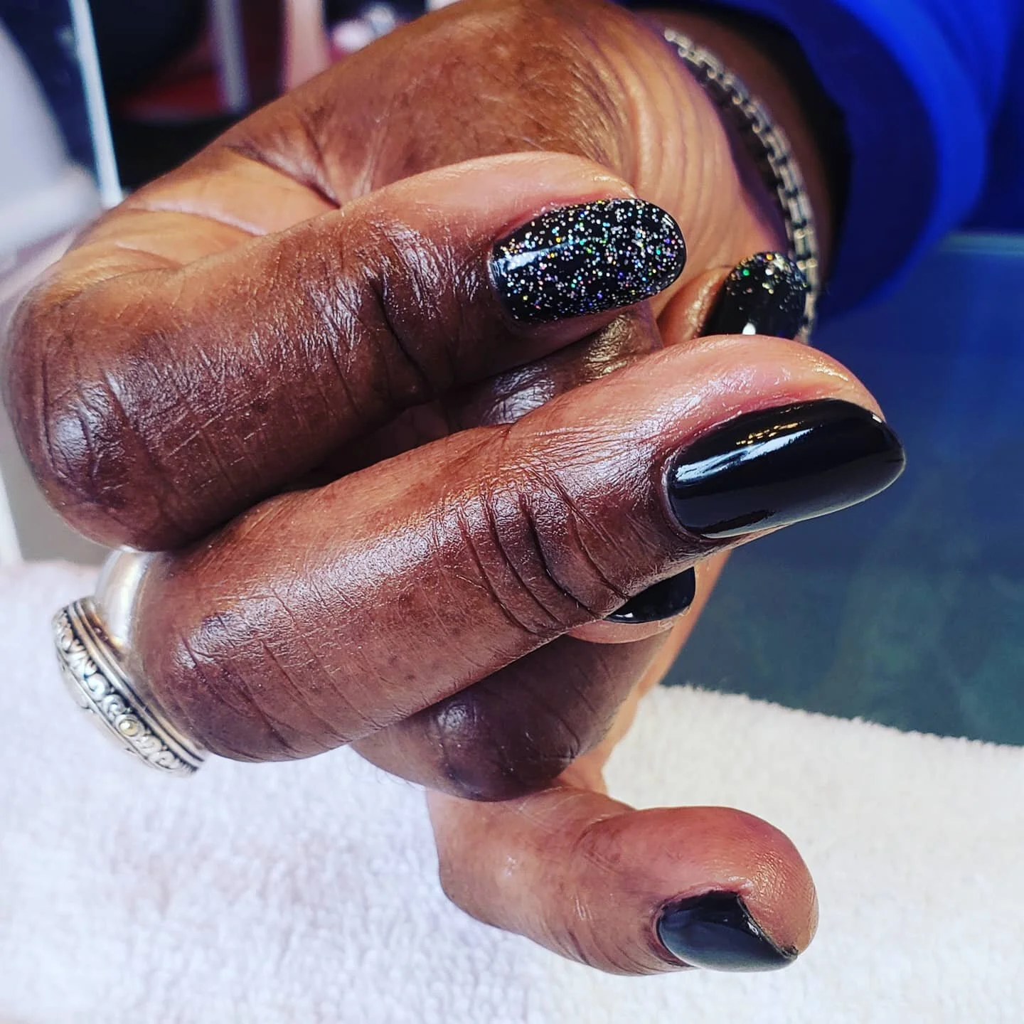 Client, &quot;Ginny, I love my natural nails, I  just want  some black #gelpolish power today.&quot;
Me, &quot;Sounds great! #blackonyx #opigelcolor to the rescue, and let's add a little sparkle to the mix.&quot; #lovemynails 😍💅 #naturalnails #myvo