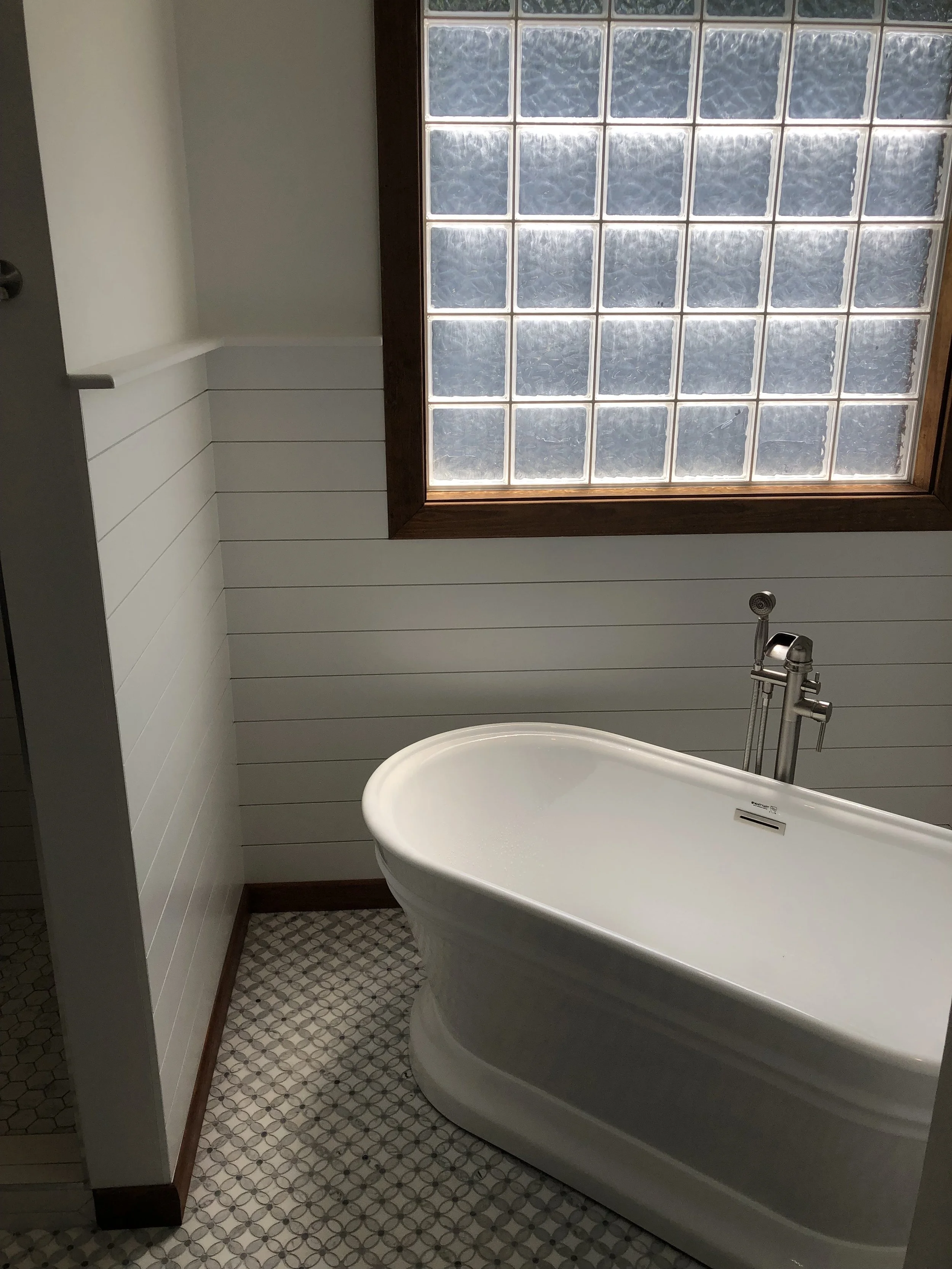 Custom Tub with Shiplap and Mosaic Tile