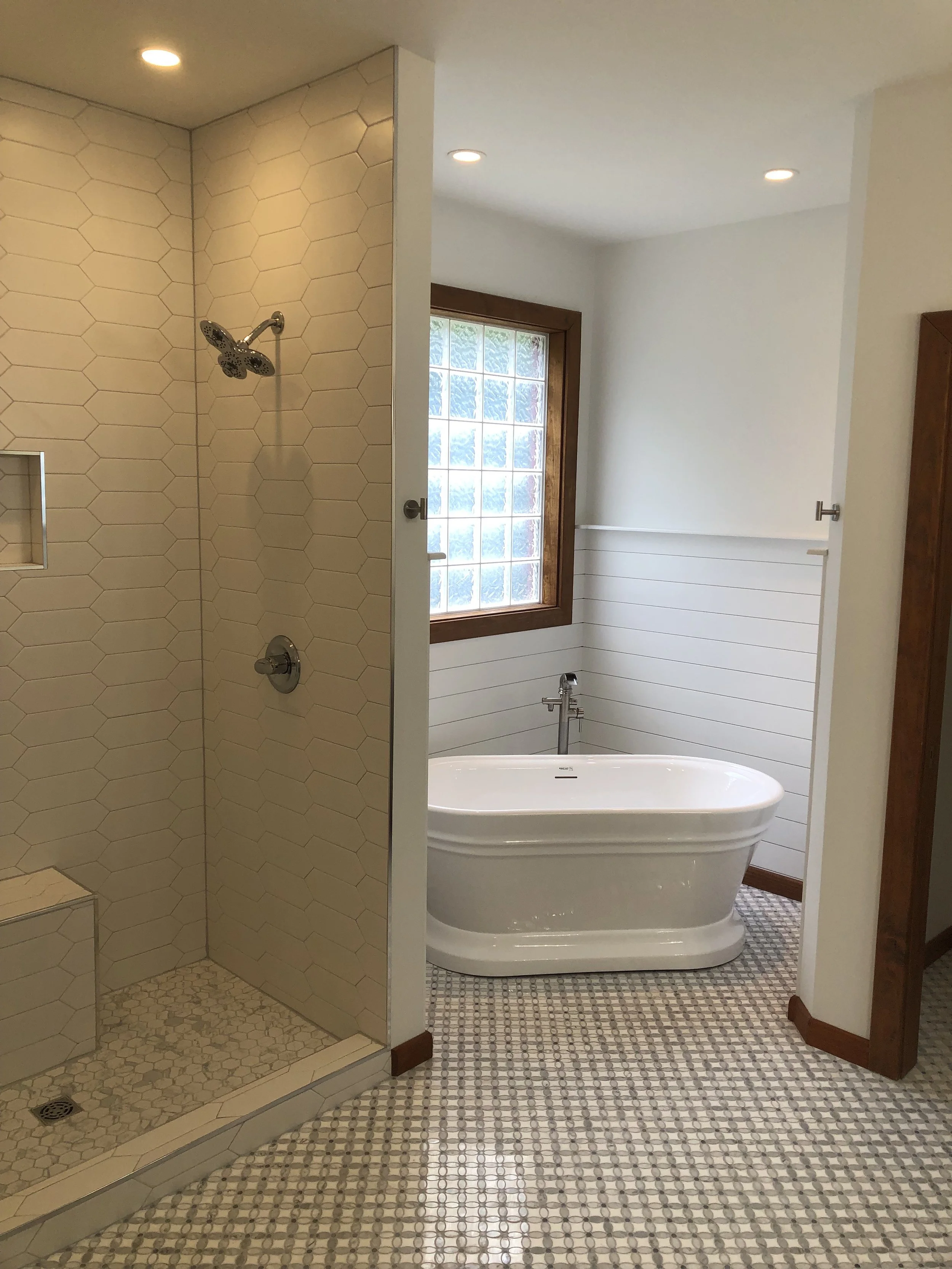 Custom Tub with Shiplap and Mosaic Tile