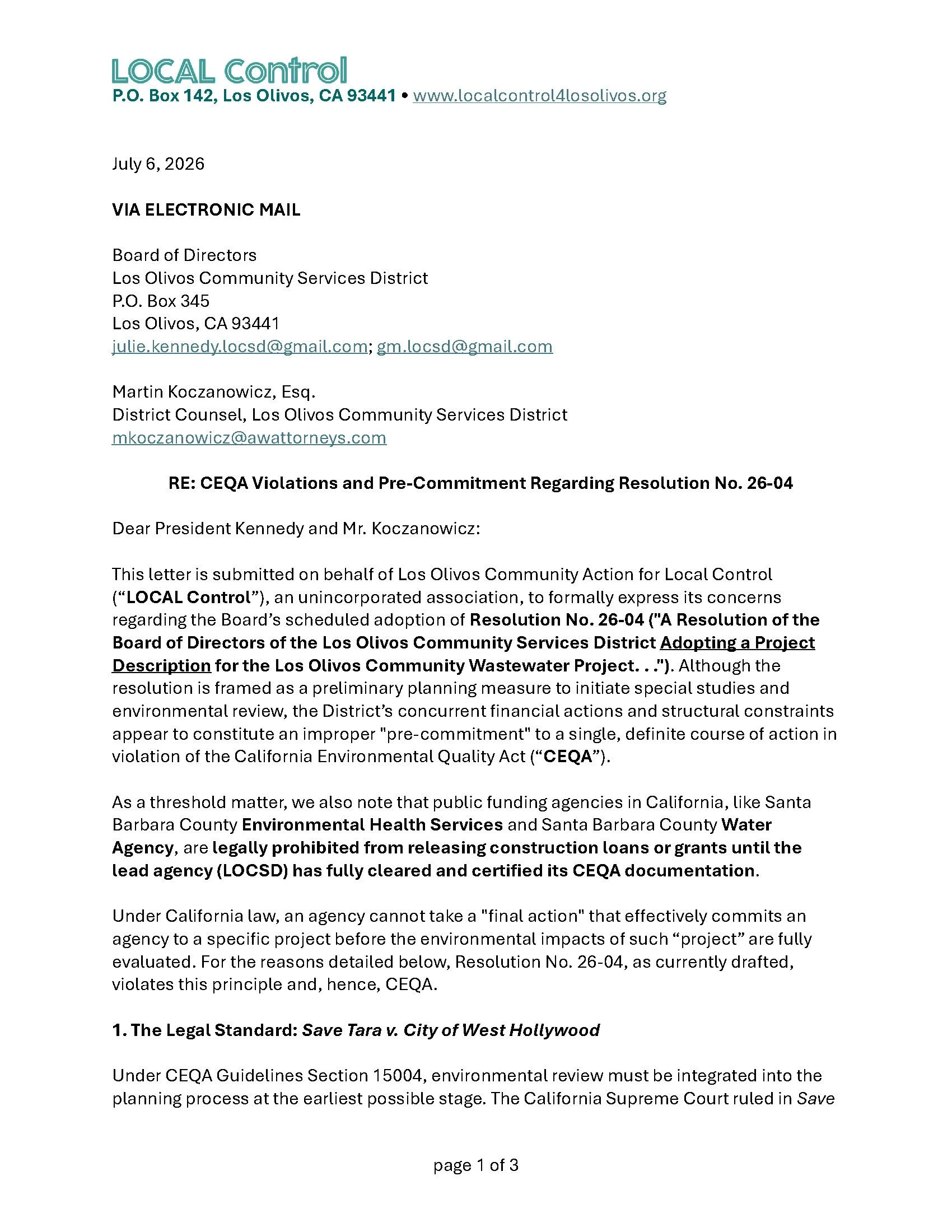 Letter to the LOCSD re Environmental Review for Septic-to-Sewer Project