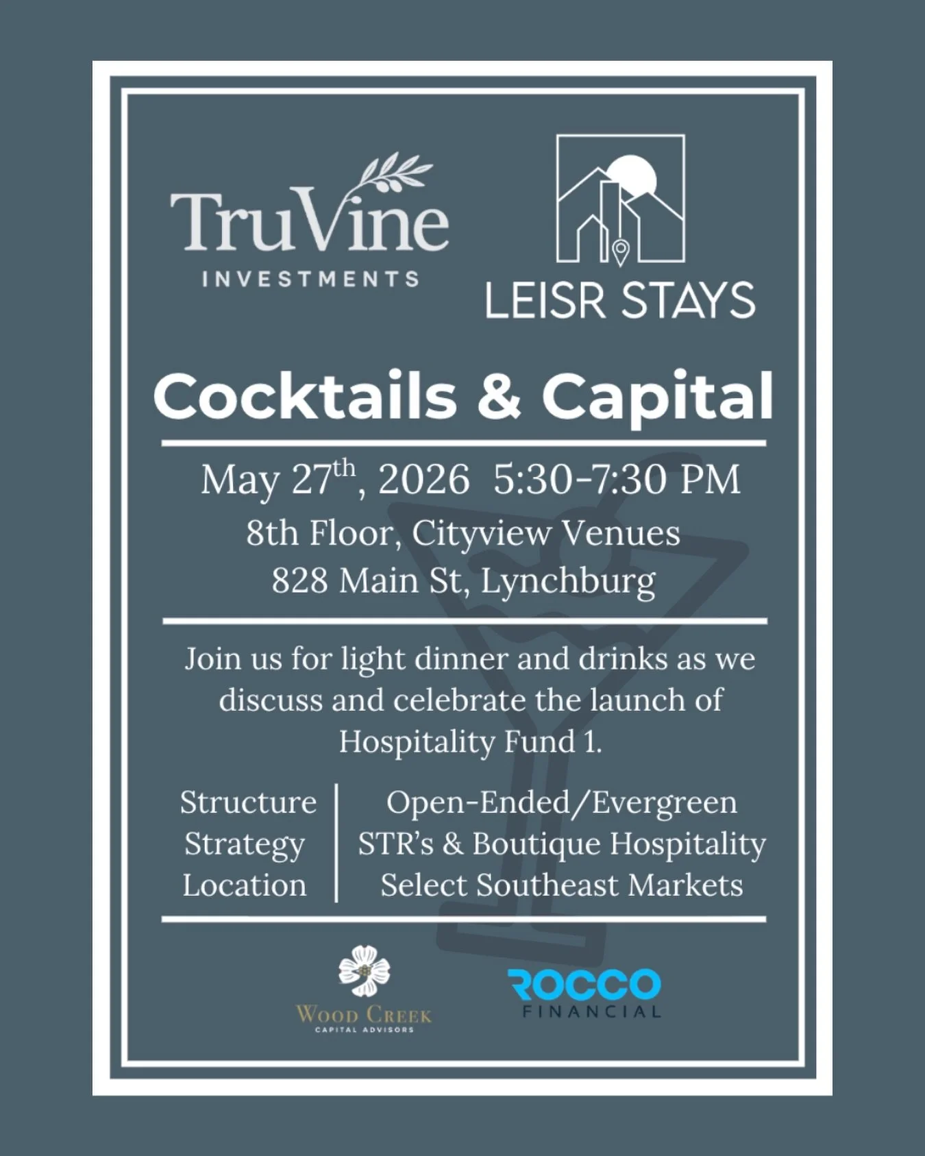 We&rsquo;re excited to share an upcoming event from our partners at @truvine_investments and @leisrstays - Cocktails &amp; Capital.⁠
⁠
Join us on May 27th @cityviewvenues for an evening of light dinner, drinks, and conversation as we celebrate the la