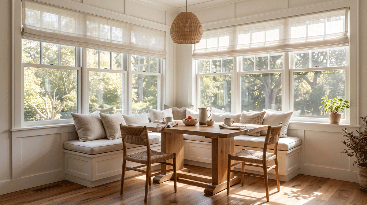 a sunlit breakfast nook bathed in soft morning light