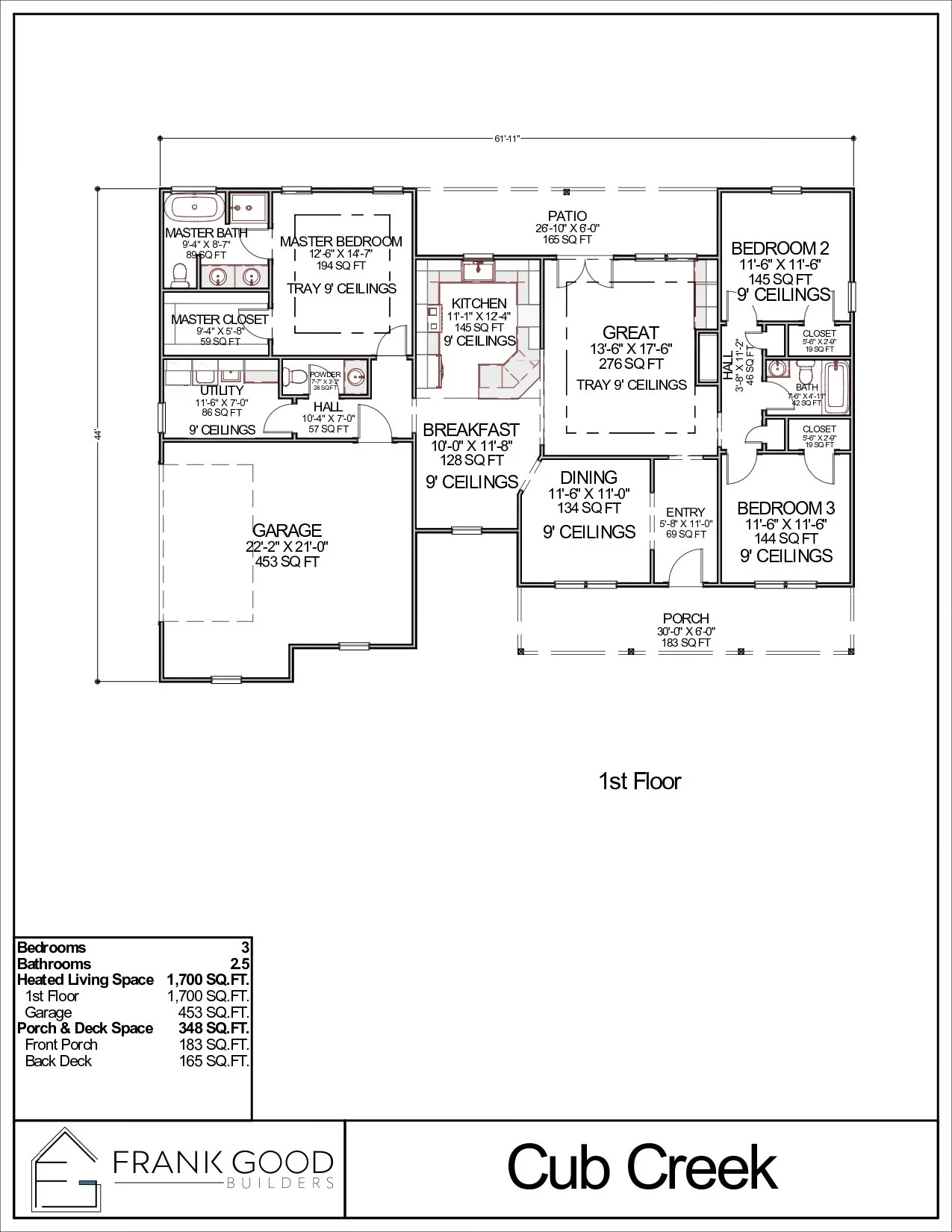 Floor plan of a house labeled "Cub Creek," featuring a master bedroom with en suite bathroom, two additional bedrooms, a great room, kitchen, dining area, two and a half bathrooms, a breakfast nook, utility room, porch, patio, and a garage. Total heated living space is 1,700 sq. ft.
