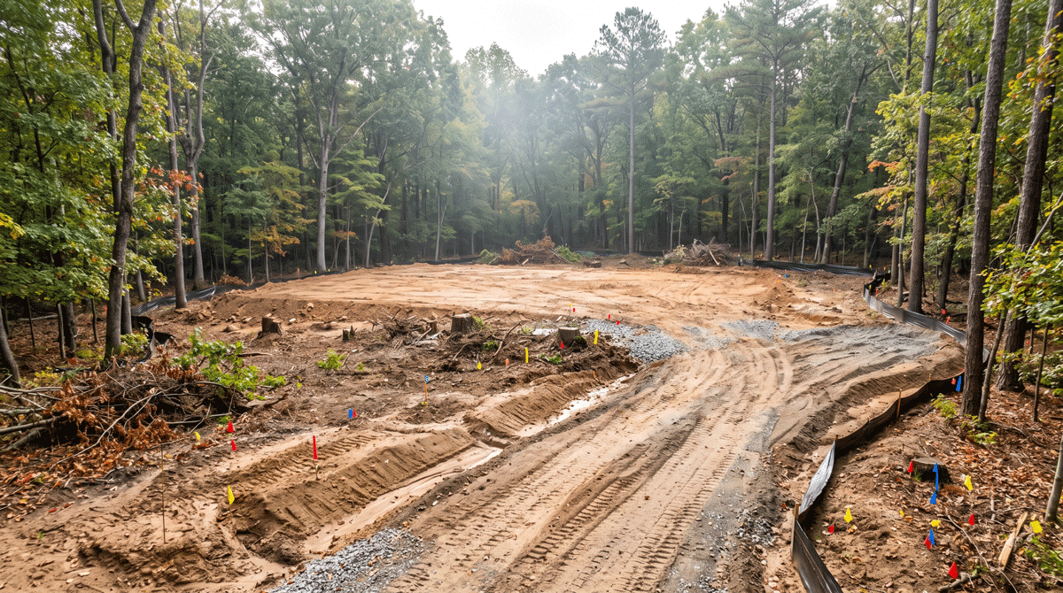 a graded home site showing the planned driveway path