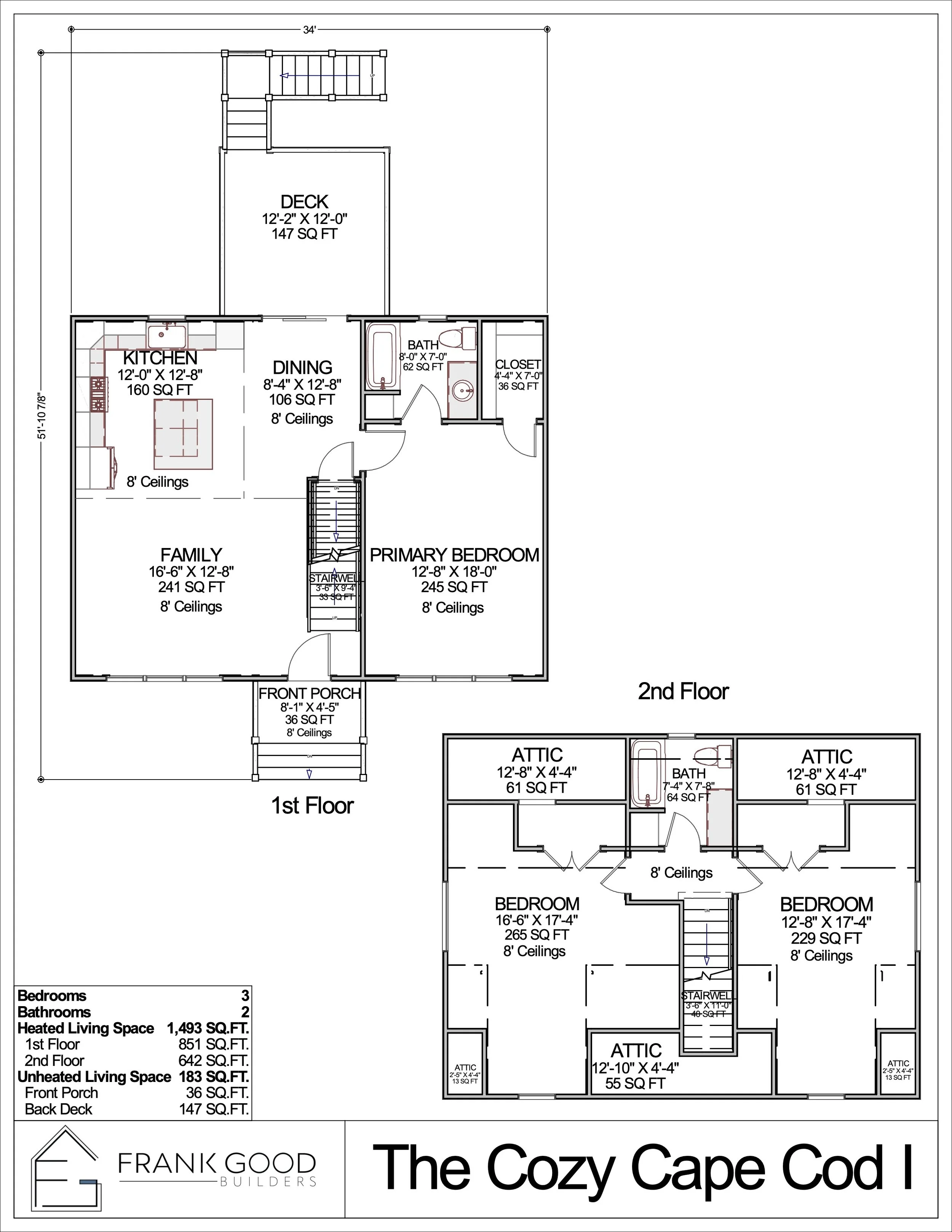 Floor plan of "The Cozy Cape Cod I" with two levels. The 1st floor includes a kitchen, dining area, family room, primary bedroom, bathroom, closet, front porch, and deck. The 2nd floor features two bedrooms, a bathroom, and multiple attic spaces. Total living area is 1,493 square feet. Designed by Frank Good Builders.