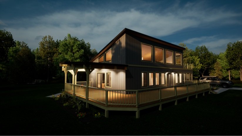 A completed Frank Good Builders custom home at dusk