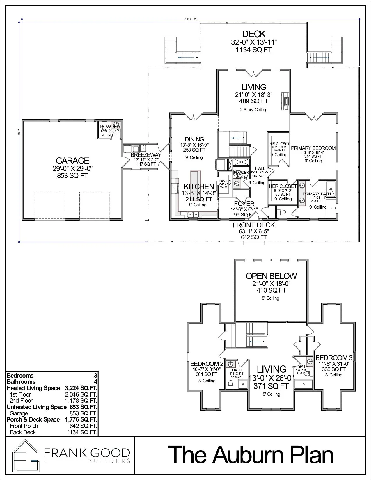 Floor plan of a house named 'The Auburn Plan' by Frank Good Builders, showing two levels. Main floor includes a living area, dining room, kitchen, primary bedroom, and a garage. The second floor has additional bedrooms. Dimensions and square footage are provided for each room.