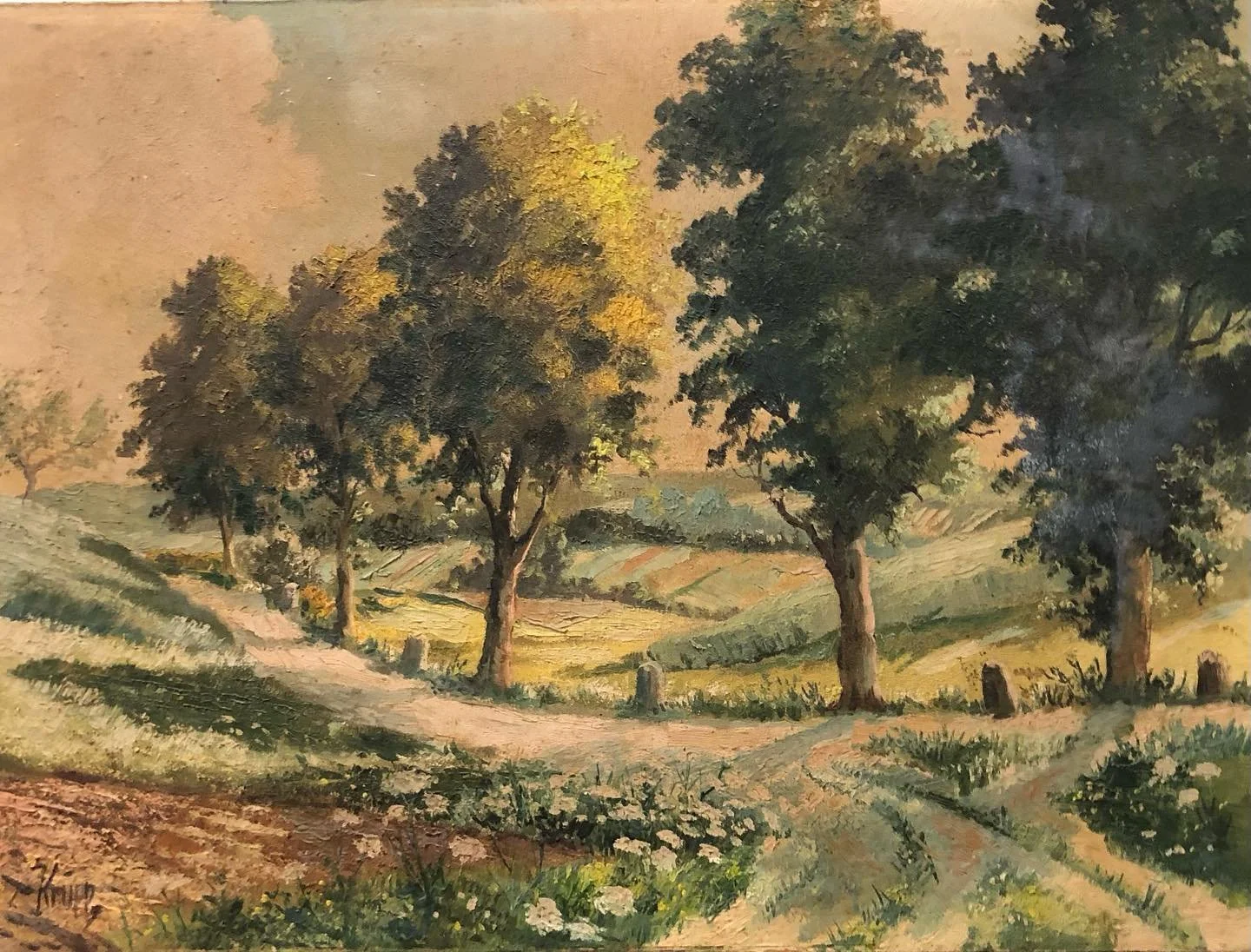 This landscape came in with heavy yellowing and hazing. Swipe to see its colors brought back, and frame repaired!

#artrestoration #oilpainting #repair #cleaning