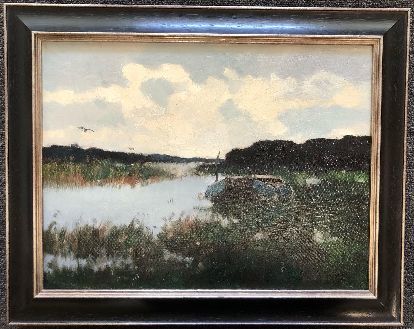 This peaceful landscape needed a mildew treatment and a new coat of varnish to bring the colors back to life. Swipe to see the before.