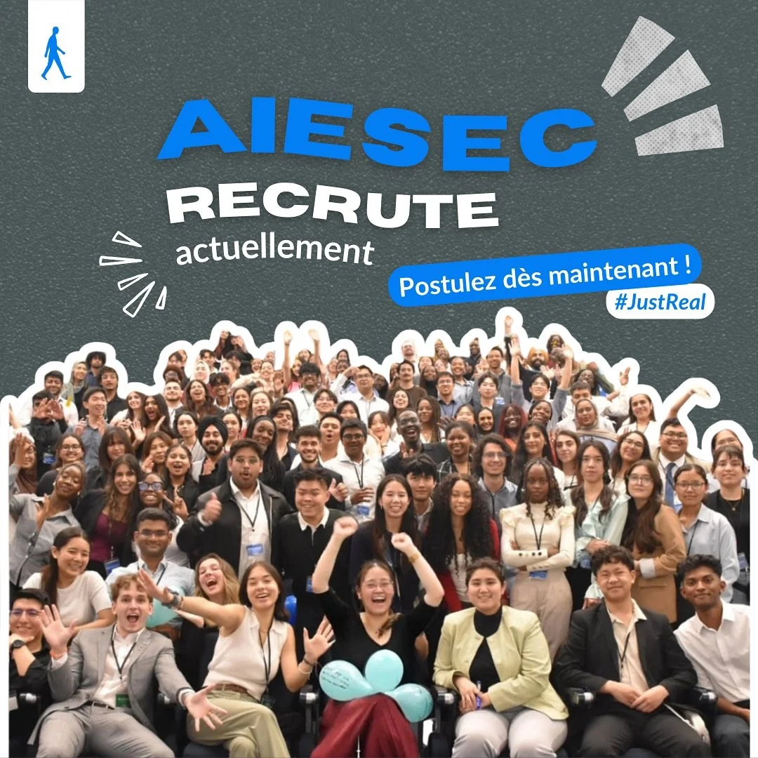 🌍✨ Pr&ecirc;t&middot;e &agrave; grandir, diriger et avoir un impact?
Rejoins AIESEC et fais partie d&rsquo;une communaut&eacute; de jeunes qui fa&ccedil;onnent l&rsquo;avenir gr&acirc;ce au leadership, au travail d&rsquo;&eacute;quipe et &agrave; de