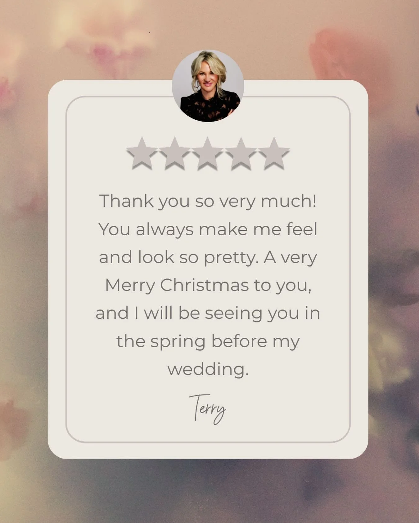 Terry, your message made my whole day.
Helping you feel confident and pretty is exactly why I love what I do.
Wishing you the Merriest Christmas&mdash;and I can&rsquo;t wait to see you this spring for your wedding prep!

#thankful #clientlove❤️ #love