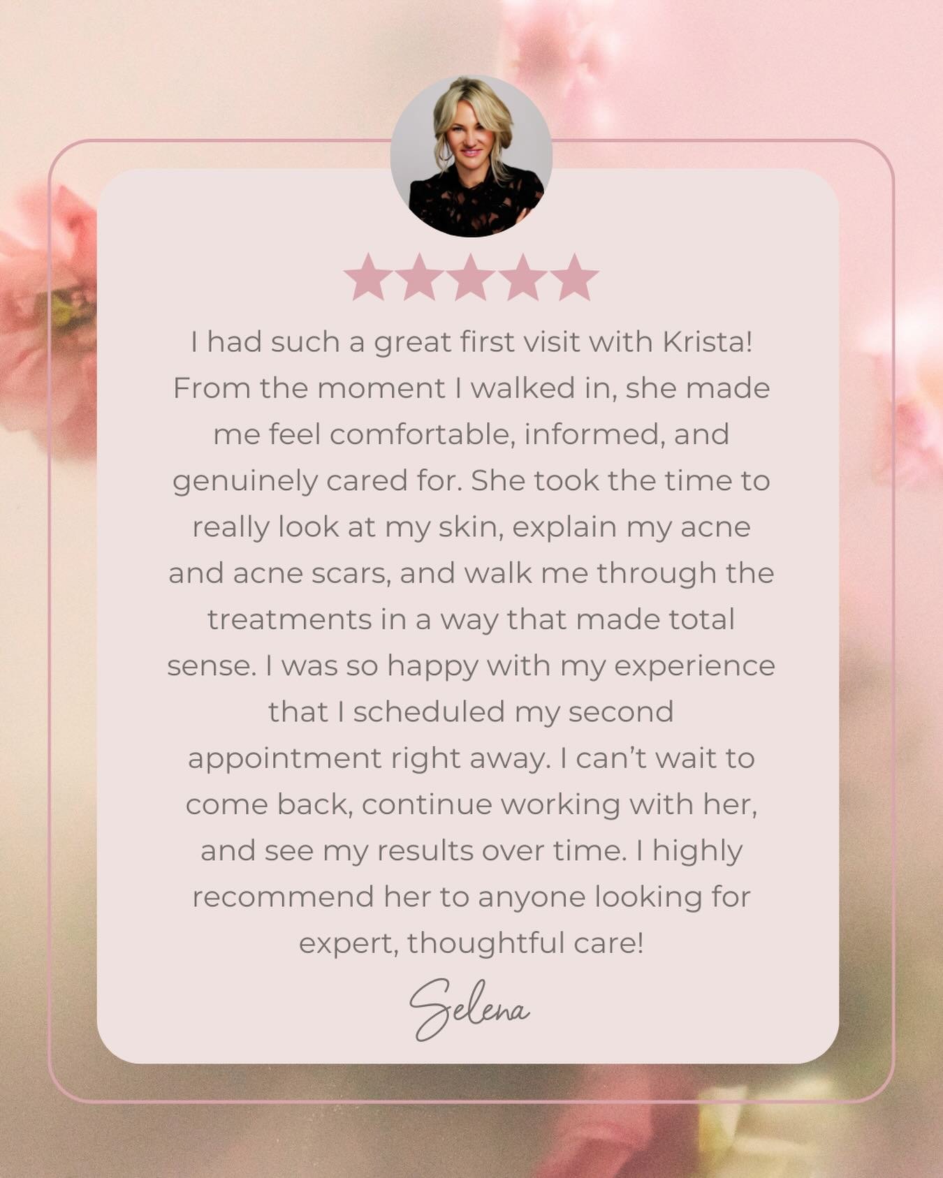 This is why I do what I do.
Selena shared the kindest words after her first visit, and I&rsquo;m so grateful she trusted me with her skin. Taking time to educate, listen, and create a plan that feels right makes all the difference.

If you&rsquo;ve b
