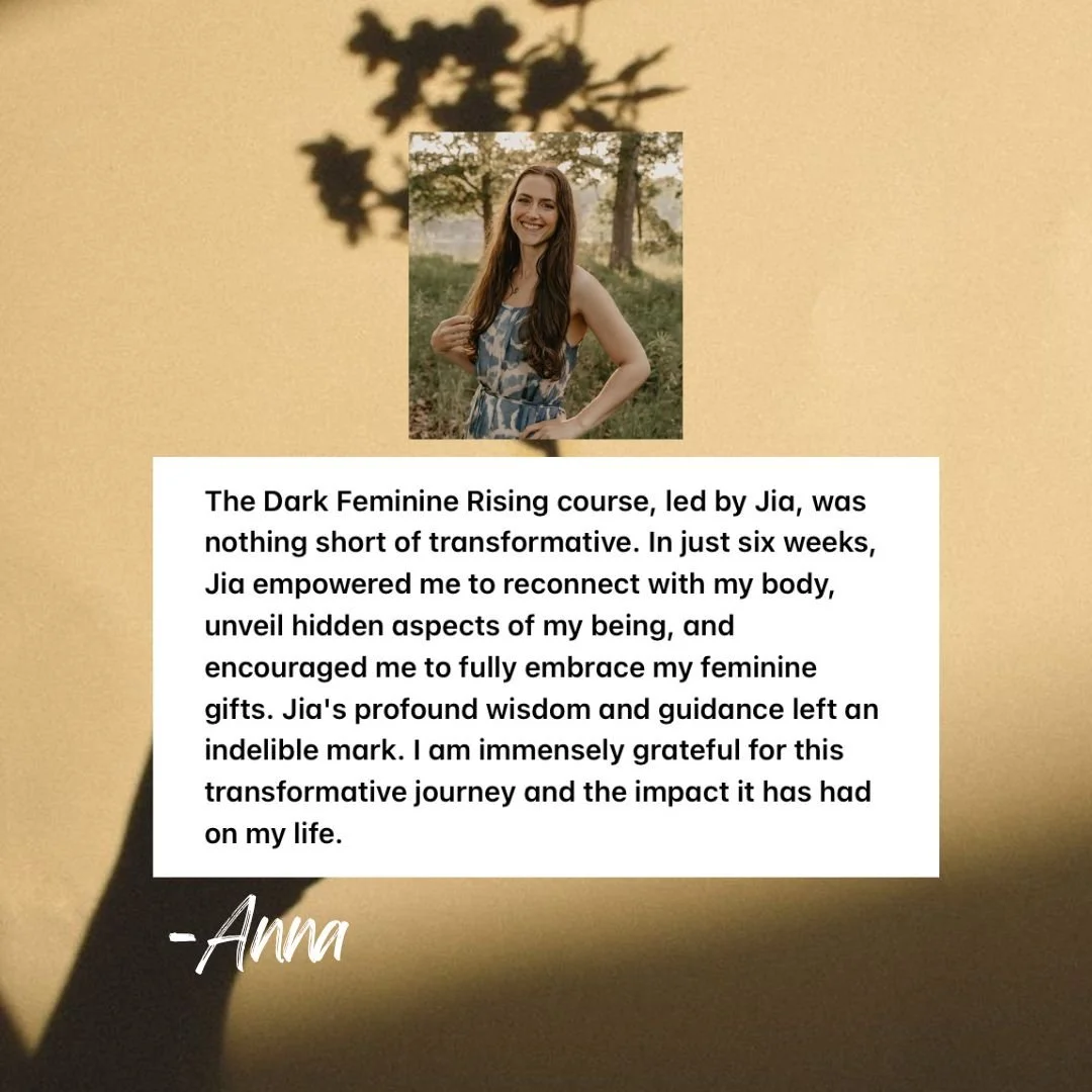 A testimonial with a photo of a woman with long brown hair smiling outdoors, and a quote from Anna about her transformative journey with the Dark Feminine Rising course led by Jia.