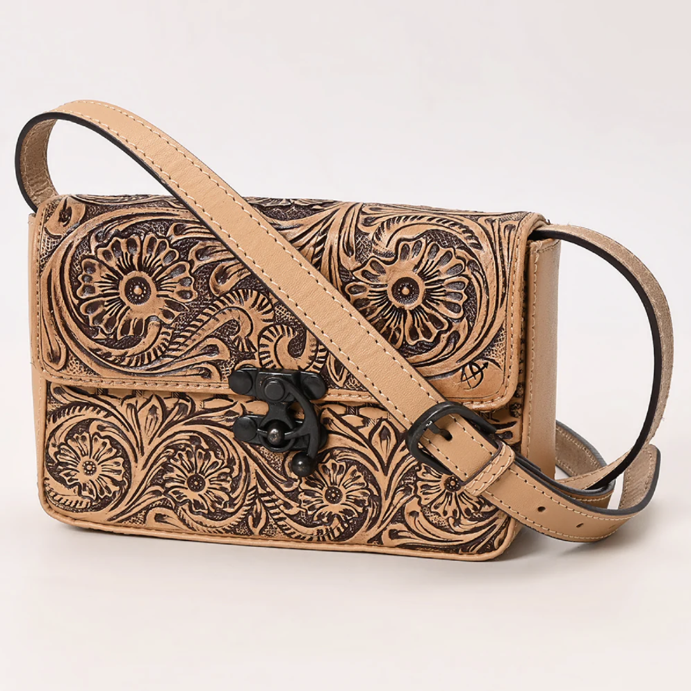 Natural Tooled Leather Crossbody