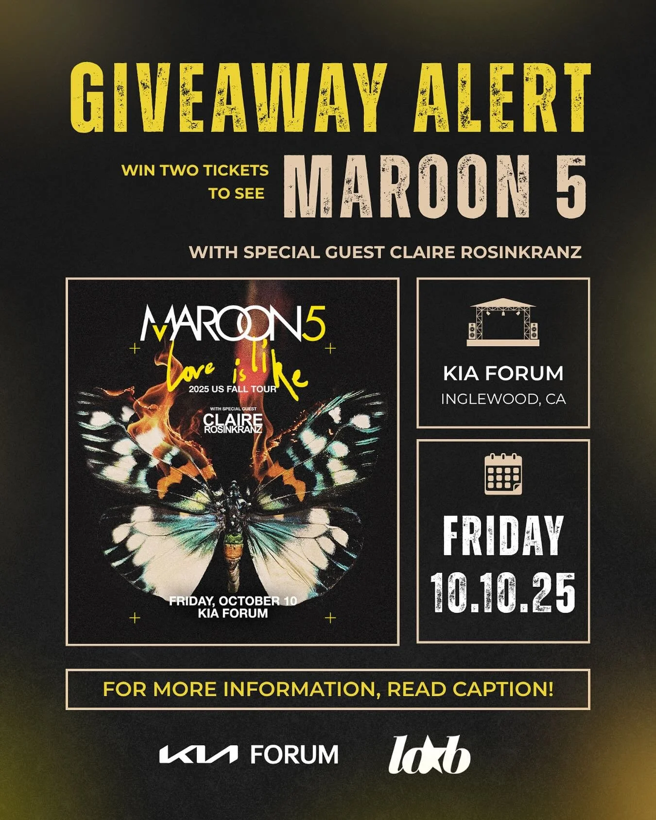 🎉 GIVEAWAY TIME 🎉
We&rsquo;ve partnered up with @thekiaforum to give away 2 tickets to see @maroon5 live this Friday, October 10th! 🎸

Here&rsquo;s how to enter ⤵️
1️⃣ Follow @thelabantimall and @thekiaforum
2️⃣ Like this post 💛
3️⃣ Tag who you&r