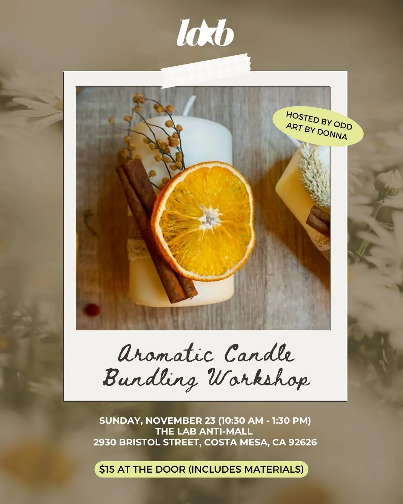 Fall scents are in the air! 🍂 Join us for an Aromatic Candle Bundling Workshop at The LAB, hosted by @oddartbydonna 💛 Create your own cozy candle bundle - perfect for the holiday season!

Workshop details ⤵️

📆 Sunday, November 23rd
⏰ 10:30 AM - 1