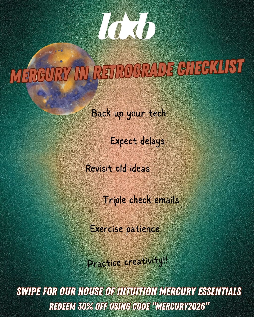 Mercury in Retrograde is almost here!! 🪐

Stop by @houseofintuition for 30% off Mercury Retrograde essentials to help you stay grounded during the shift.

February 26-March 20th only 

This is a period of reflection, revisitation, and the occasional