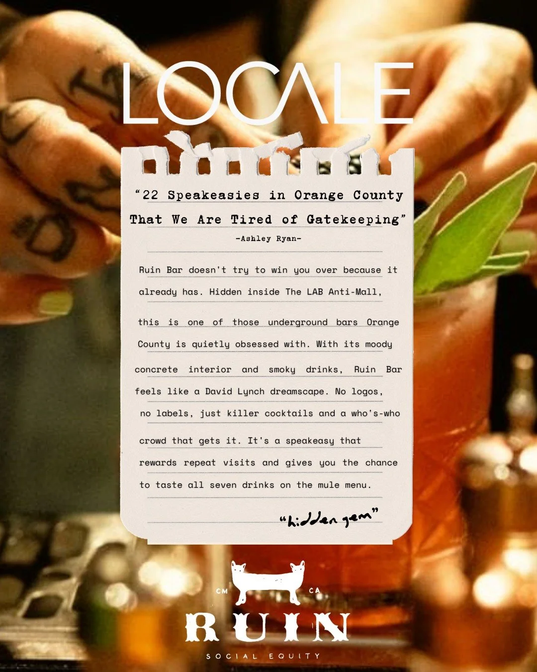 "@ruinbar doesn&rsquo;t try to win you over because it already has. Hidden inside The LAB Anti-Mall, this is one of those underground bars Orange County is quietly obsessed with. With its moody concrete interior and smoky drinks, Ruin Bar feels 