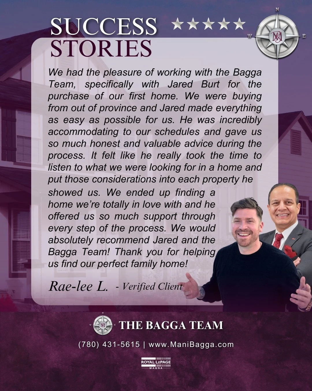 🌟 Client Testimonial Spotlight! 🌟

Shoutout to Jared Burt for delivering a truly exceptional first-home-buying experience! 🙌 From supporting out-of-province clients to offering honest insights, flexible scheduling, and thoughtful guidance, Jared s