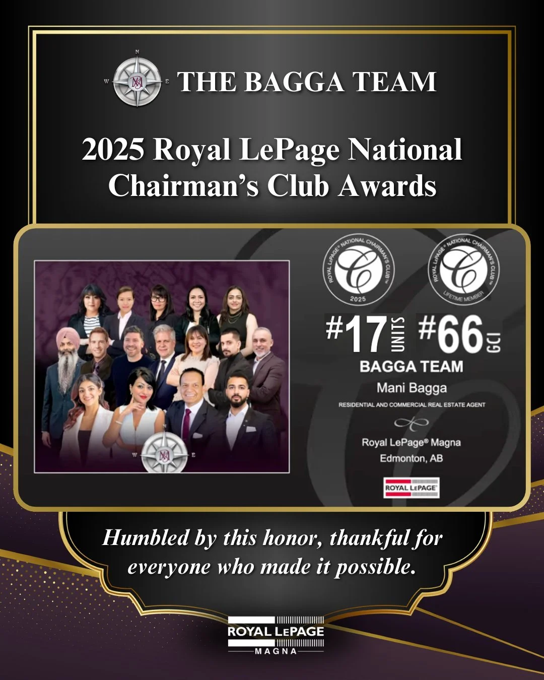 🤍 This honour belongs to our clients, our team, and our community. 🤍

Today, we are incredibly humbled and grateful.

With the 2025 Royal LePage National Chairman&rsquo;s Club announcement, The Bagga Team is proud to share two meaningful milestones