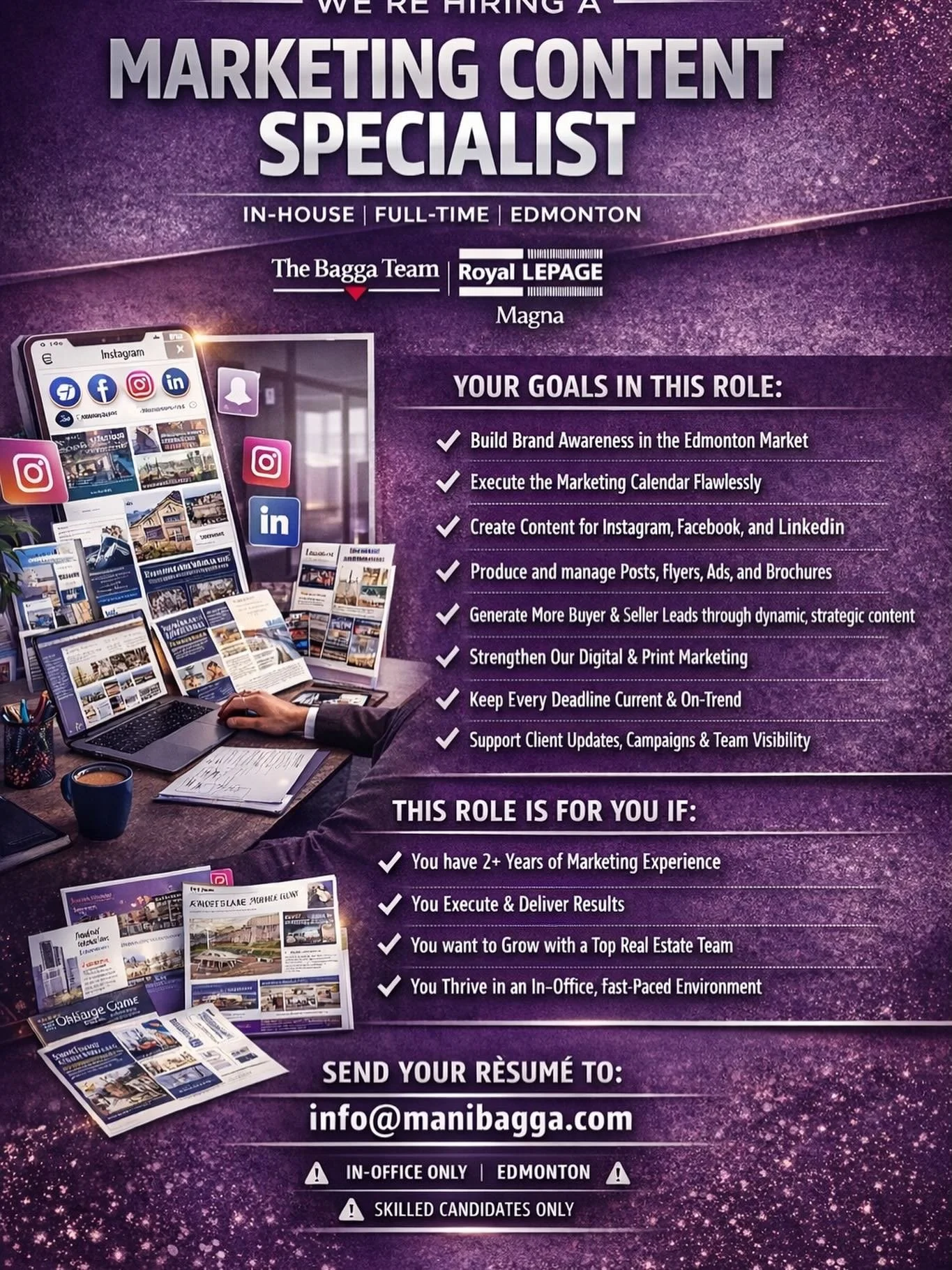 🎯 WE&rsquo;RE HIRING A MARKETING CONTENT SPECIALIST
🏢 In-House | Full-Time | Edmonton

The Bagga Team | Royal LePage Magna

This role is for a content creator + executor who wants responsibility, visibility, and real career growth.

🚀 YOUR GOALS I