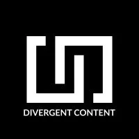 Logo for Divergent Content with black background and white geometric design