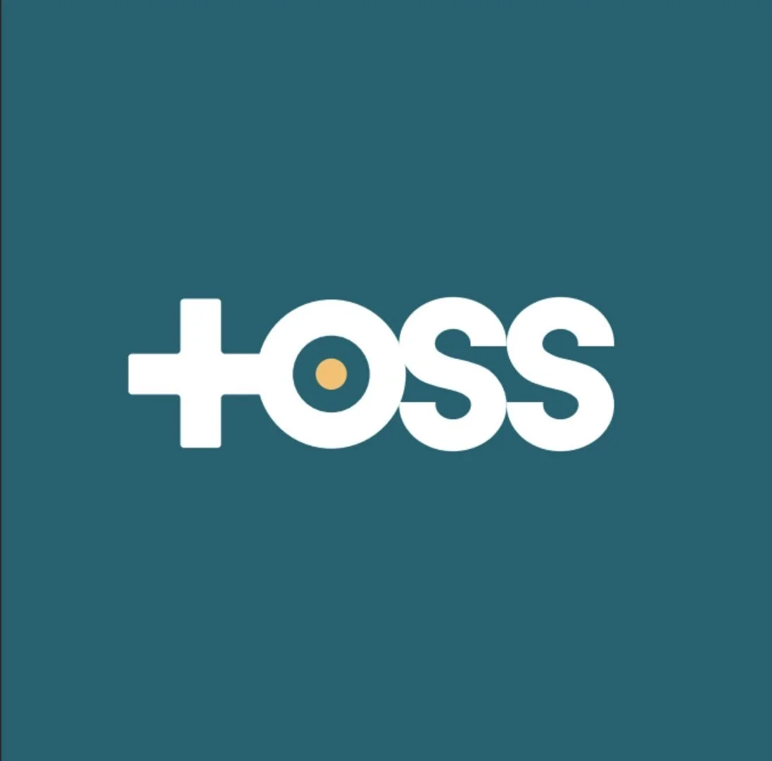 Logo with the word 'toss' in white lowercase letters, with a yellow dot inside the letter 'o', on a teal background.
