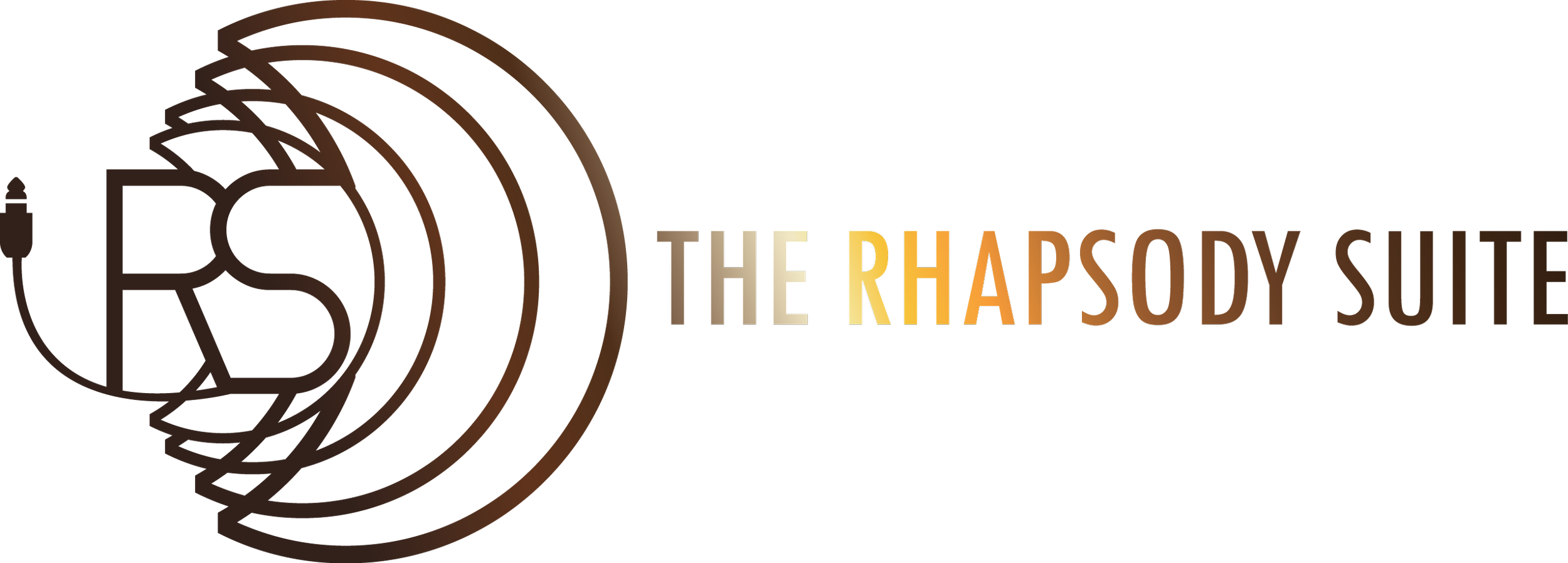 Logo with a stylized lion's head and the text "The Rhapsody Suite" in gradient colors from white to brown.