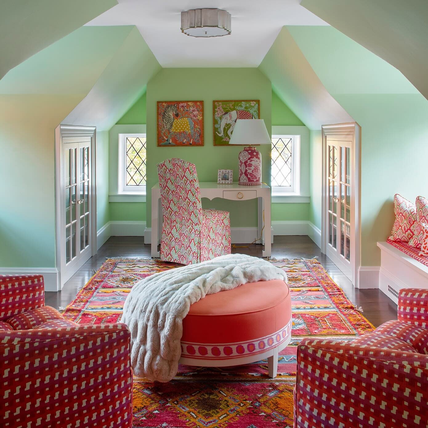 Sunshine + color = happy happy ! We created this room in an old attic space so that my client who is the ultimate boy Mom could have a girlie space to retreat too!
.
.
.
.
#colorfulspaces #girlyroom #patternonpattern #customfurniture #customcolors #i