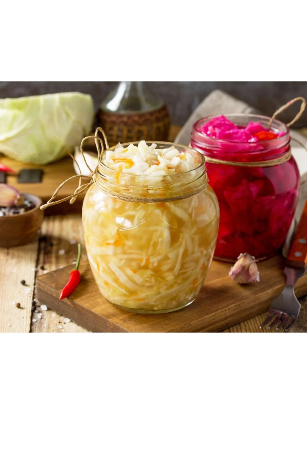 Jars of homemade sauerkraut and fermented vegetables