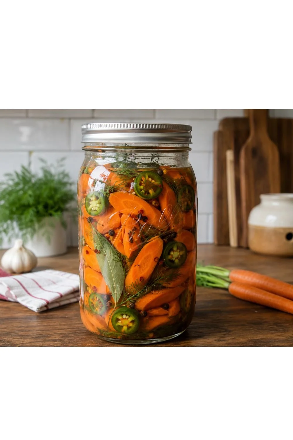 Homemade fermented carrots and jalapenos with fresh dill, peppercorns, red pepper flakes and bay leaf