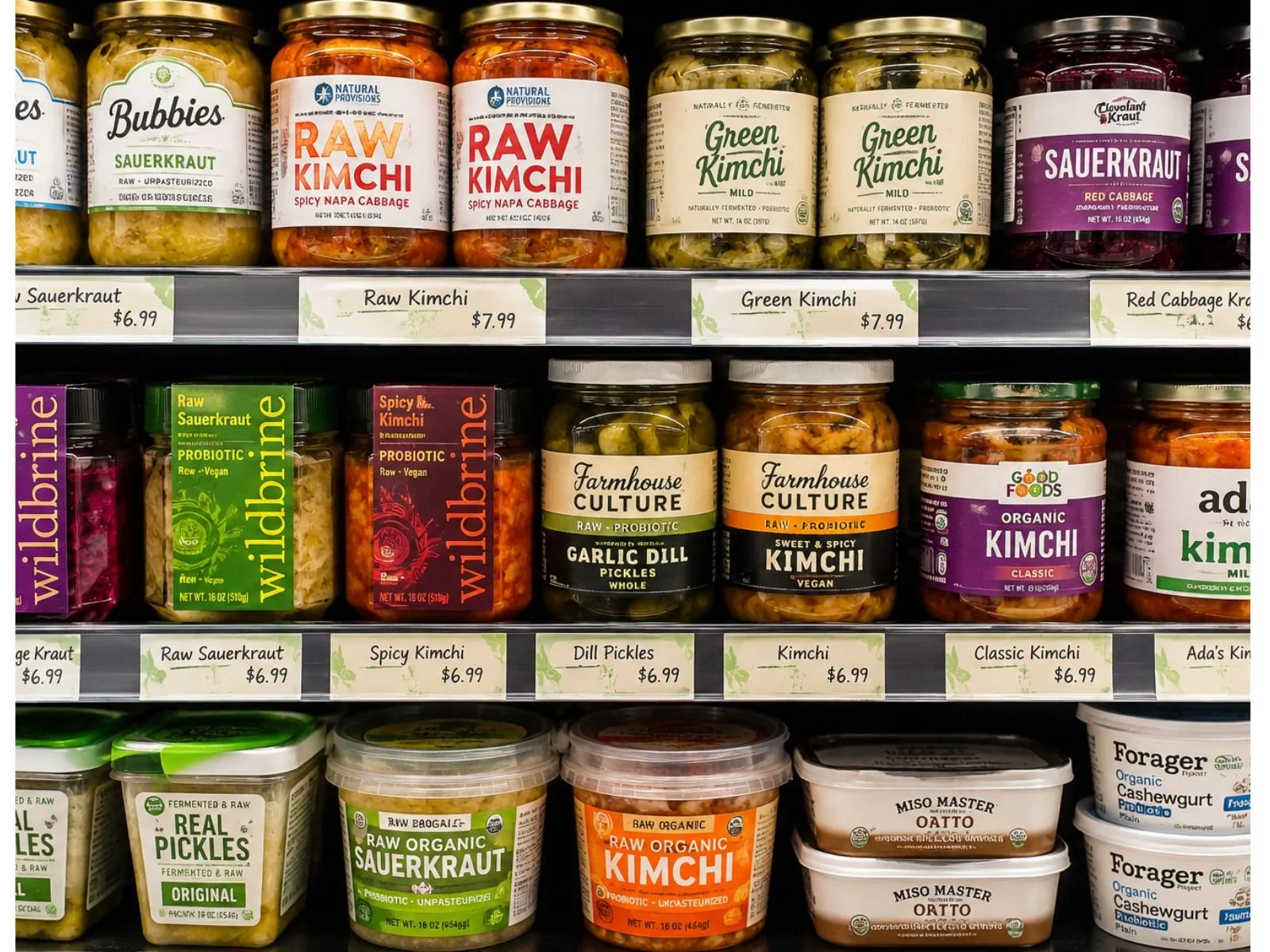 Refrigerated shelves stocked with raw sauerkraut, kimchi, pickles, and other fermented foods
