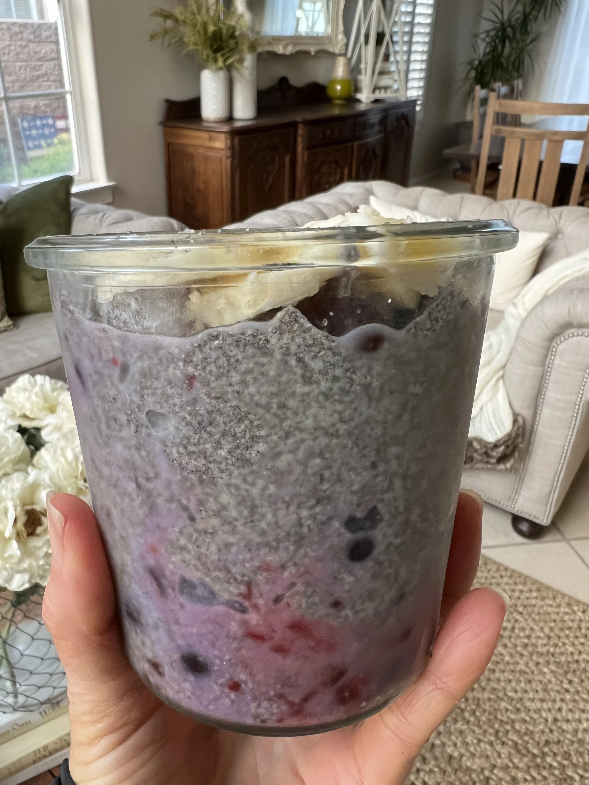 Omega-3-rich chia pudding with almond milk, mixed berries and banana.
