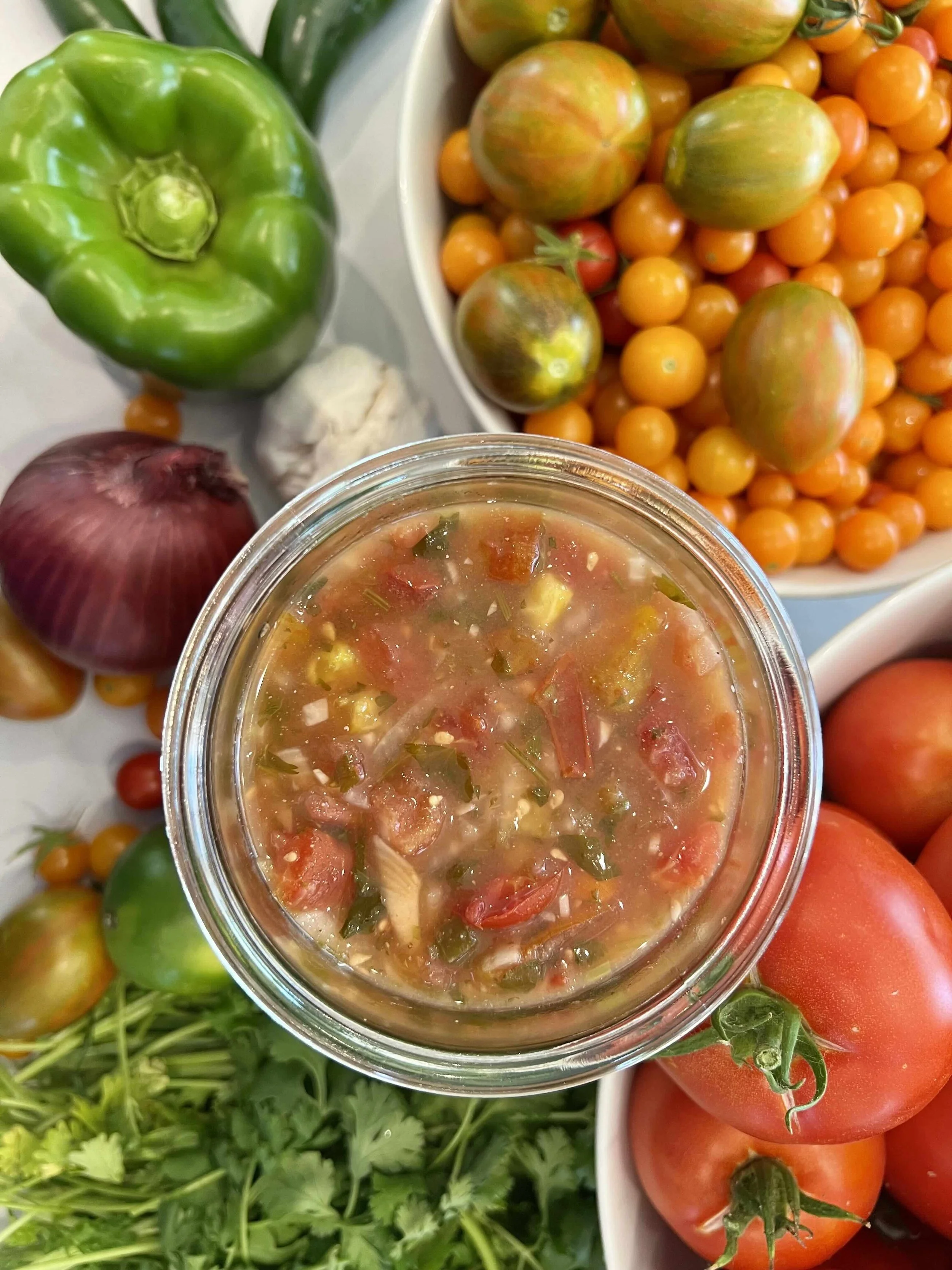 Overhead view of finished fermented salsa surrounded by colorful fresh garden tomatoes and herbs.