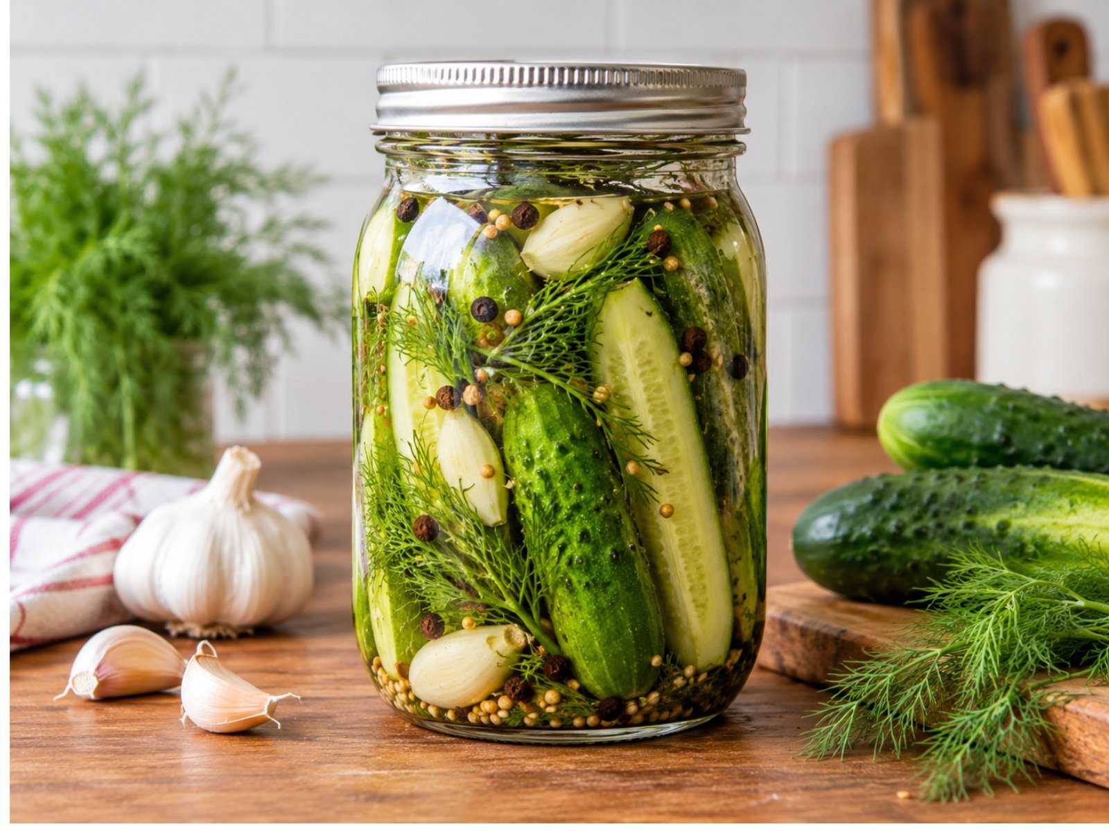 Homemade garlic fermented dill pickles with fresh dill and peppercorns.
