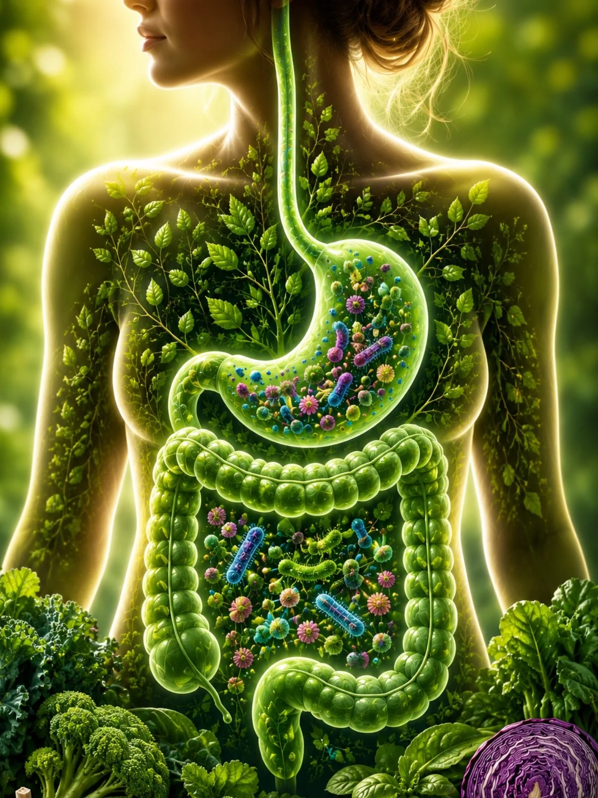Illustration of the human gut microbiome surrounded by colorful plant foods