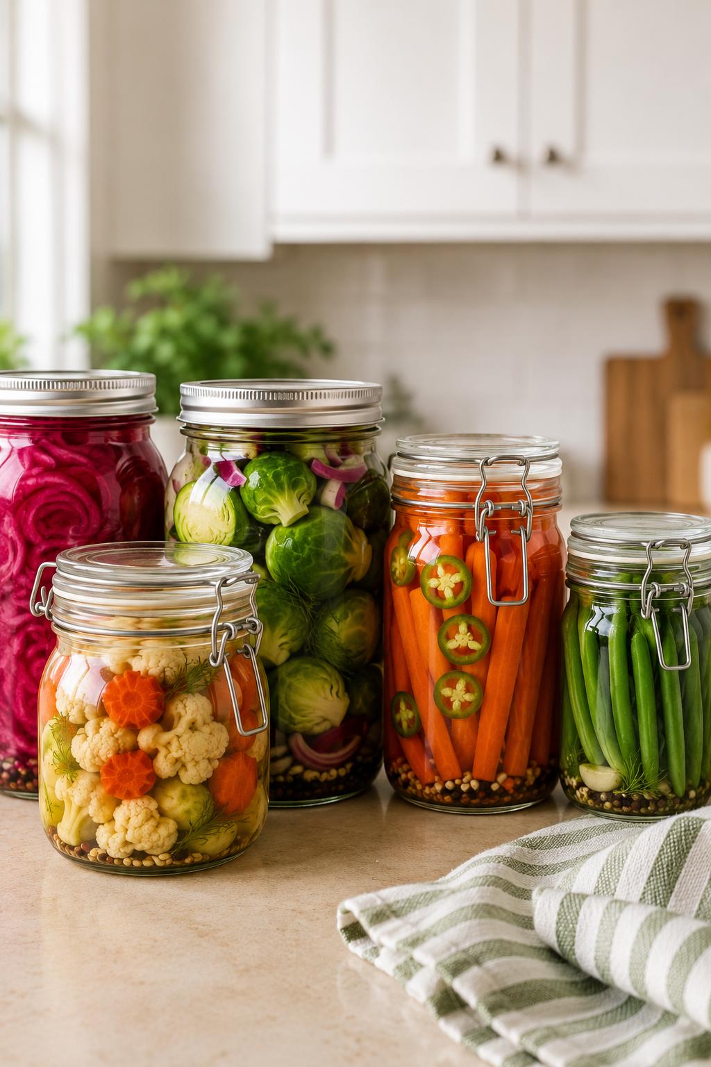 Assorted homemade fermented vegetables in glass jars, including carrots, green beans, cauliflower, and onions.