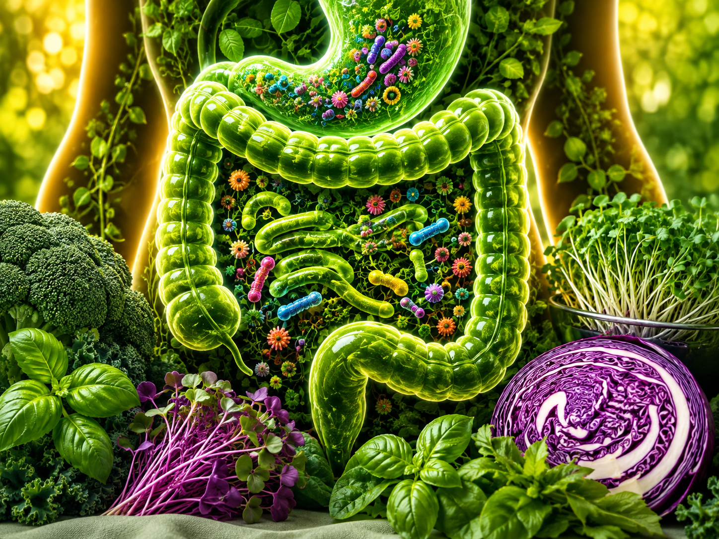 Illustration of the human intestines surrounded by colorful plant foods and gut microbes