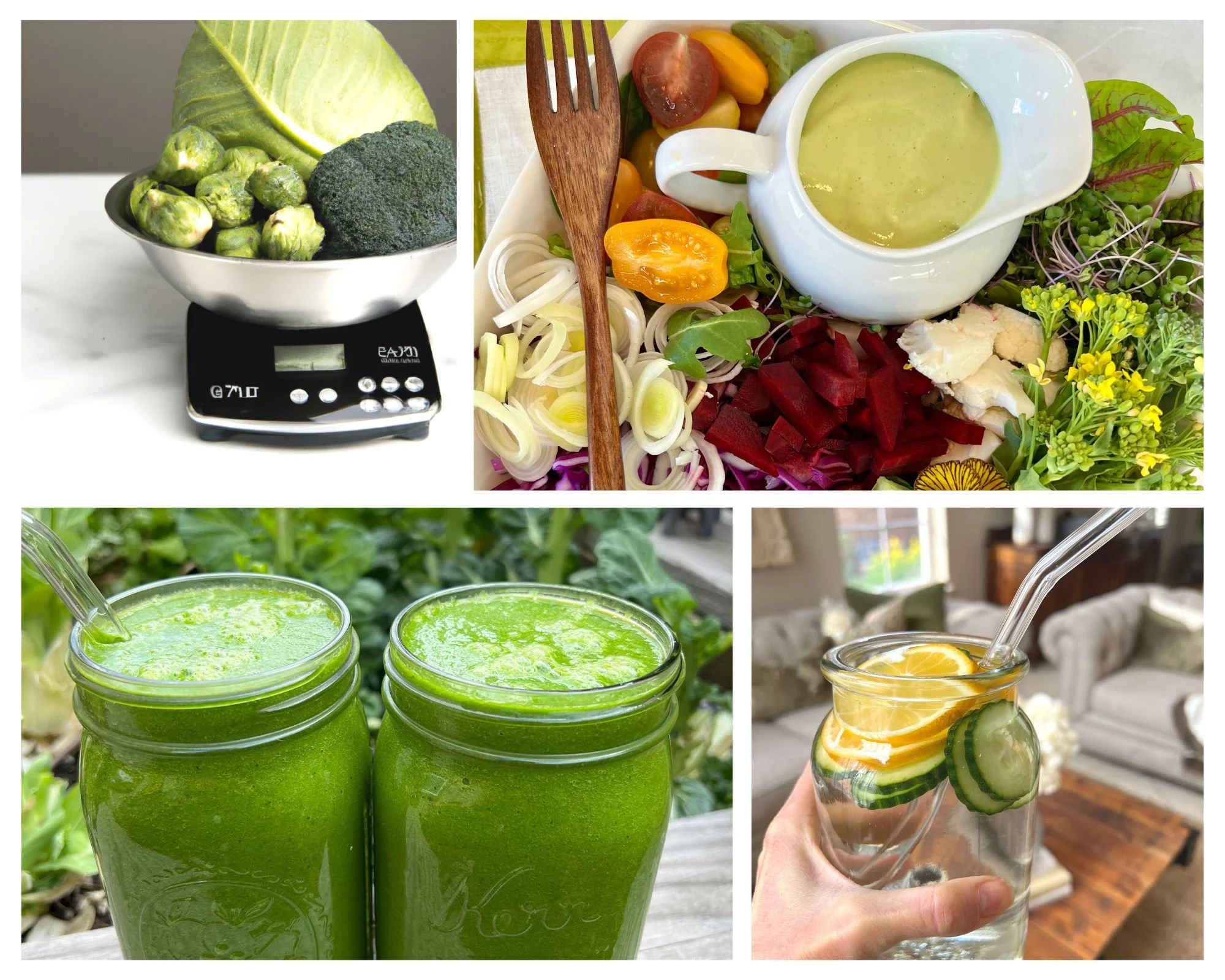 Foods used in Dr. Brooke Goldner's Goodbye Autoimmune Disease Protocol, including cruciferous vegetables, green smoothies, salad, and infused water.