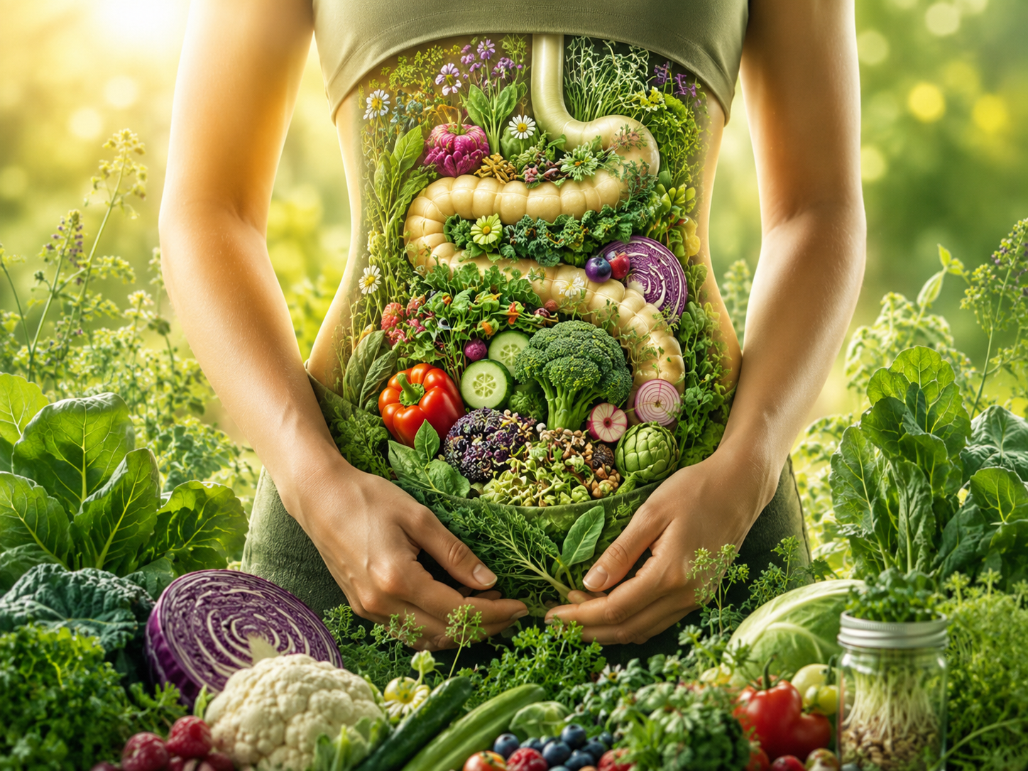 Illustration of the digestive tract filled with colorful plant foods, representing the gut microbiome and gut health.