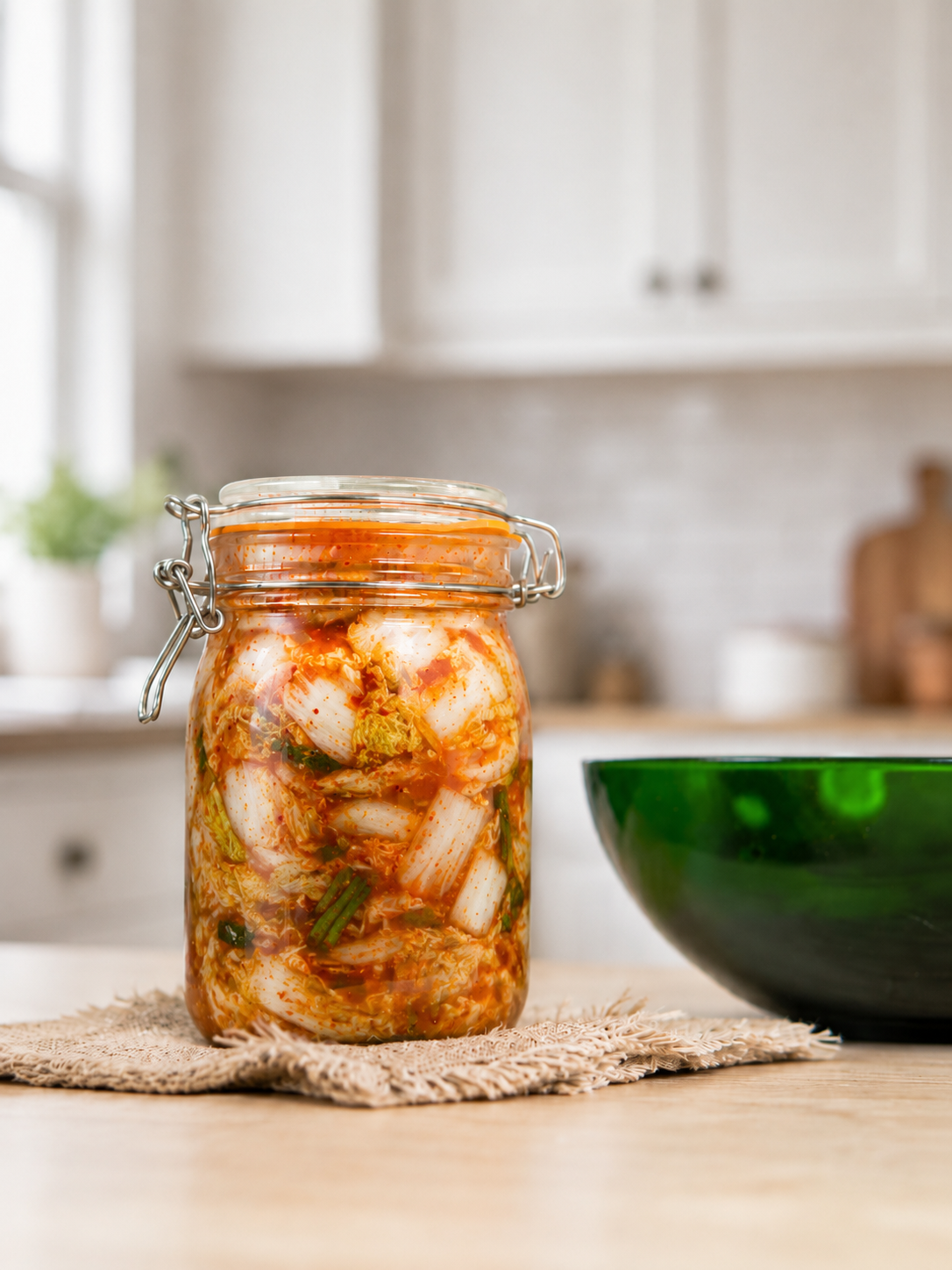 Homemade raw vegan kimchi in a glass jar on a kitchen counter.